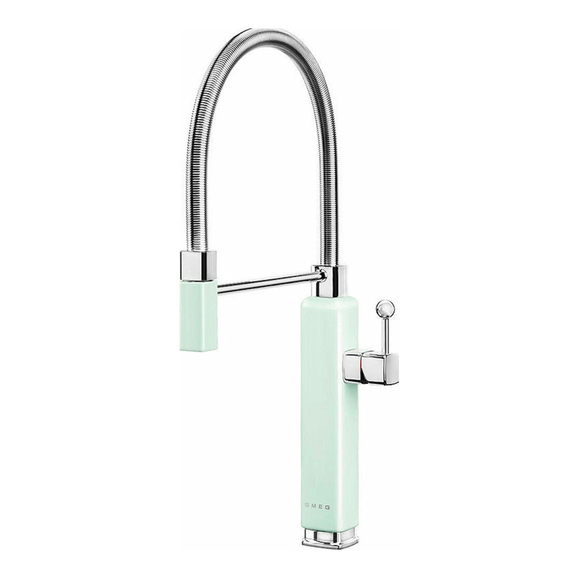 Grifo de cocina Smeg MDF50PG verde menta, vista frontal, con caño flexible cromado y palanca lateral.