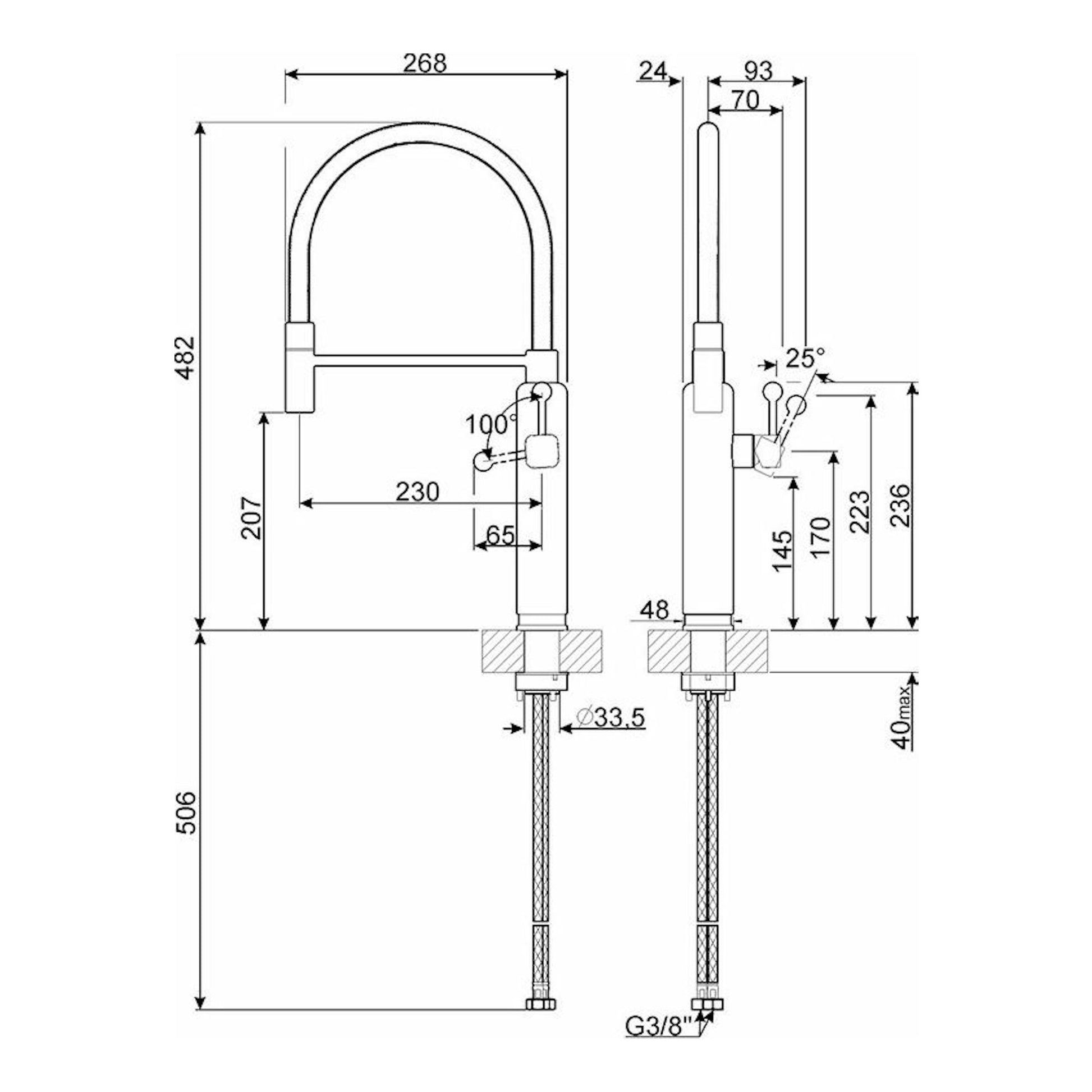 Grifo de cocina Smeg MDF50RD, dibujo técnico en blanco y negro con vistas frontal y lateral y medidas.