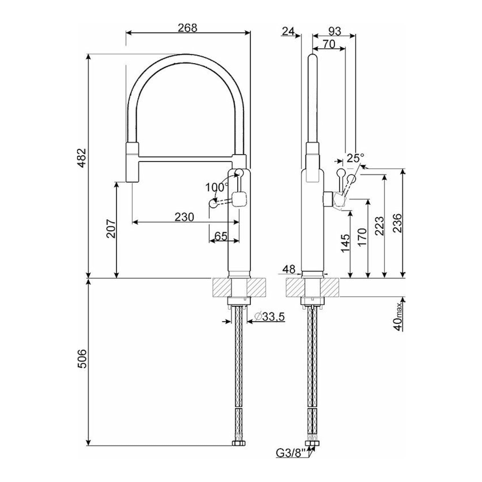 Grifo de cocina Smeg MDF50RD, dibujo técnico en blanco y negro con vistas frontal y lateral y medidas.