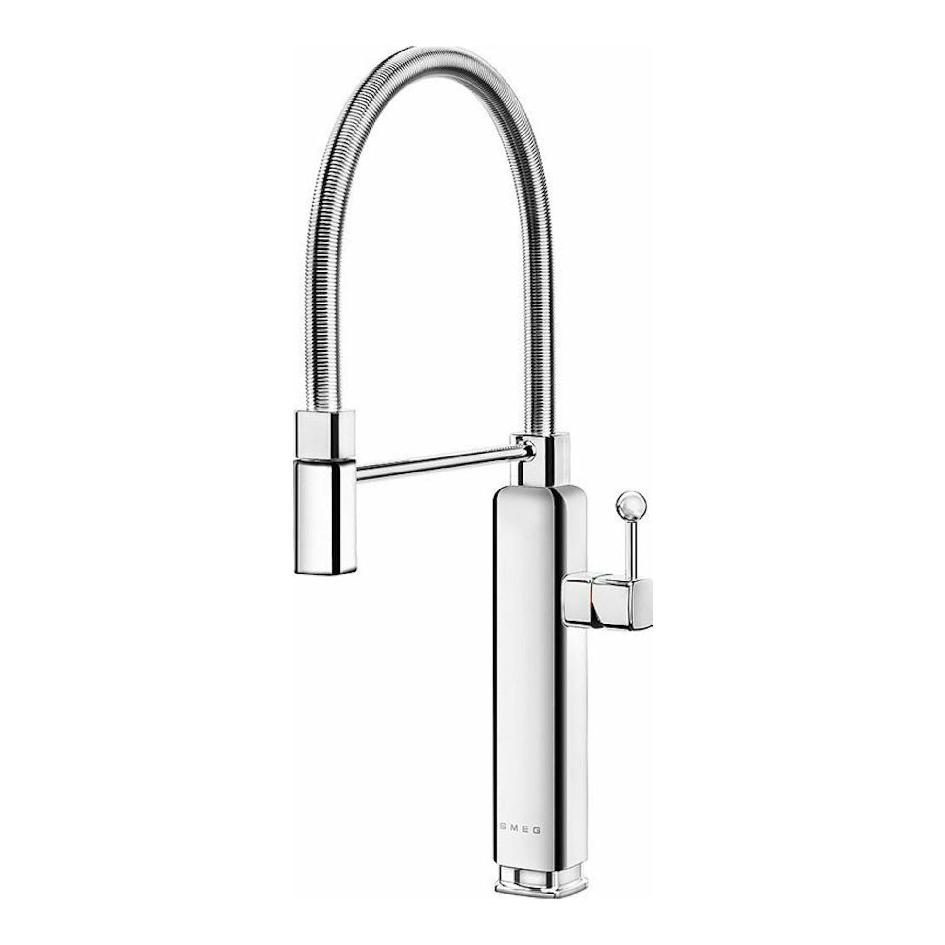 Grifo de cocina Smeg MDF50SS cromado, vista frontal, con caño flexible en arco y palanca lateral.
