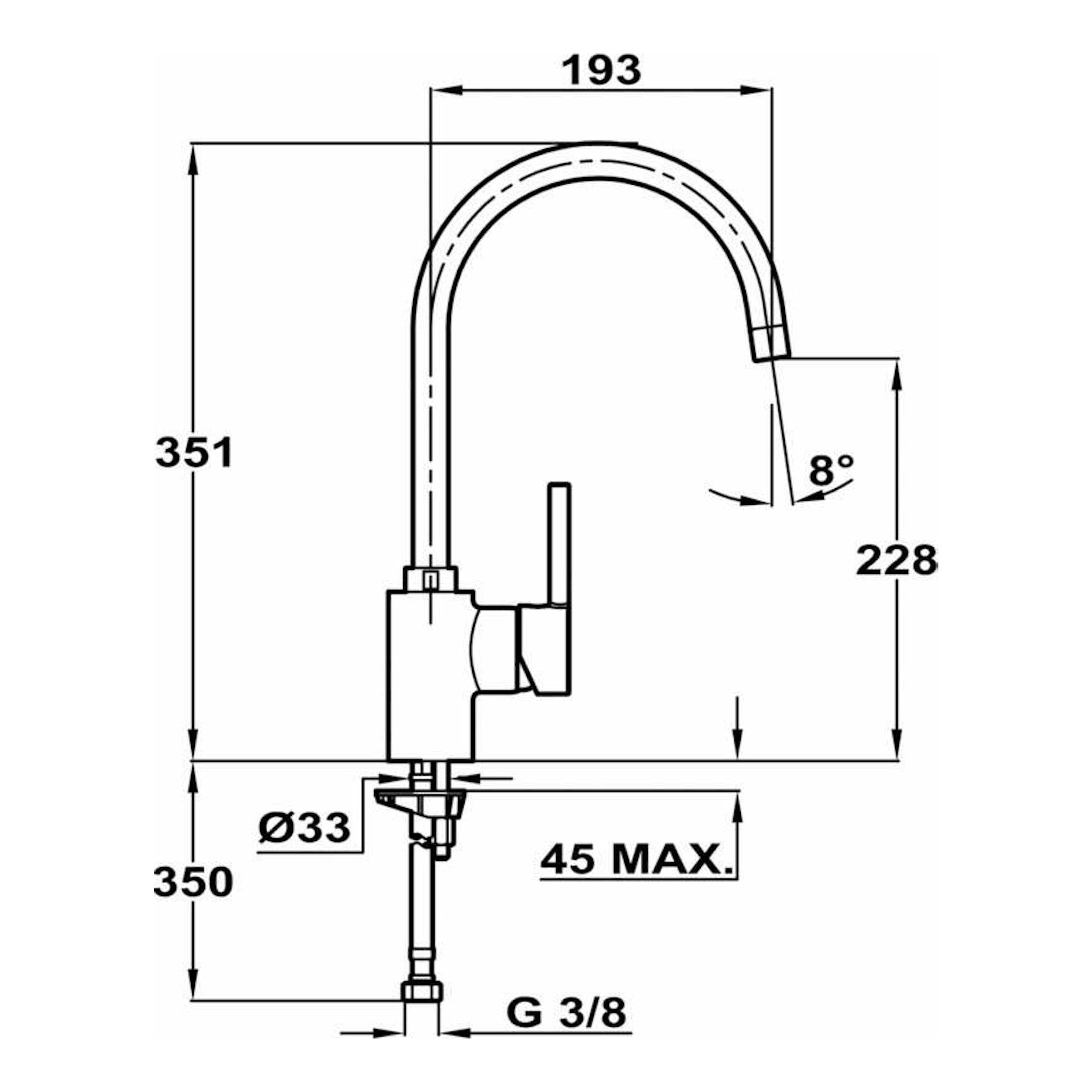 Dibujo técnico en vista lateral del grifo de cocina Teka ARK 915, con caño arqueado y medidas.