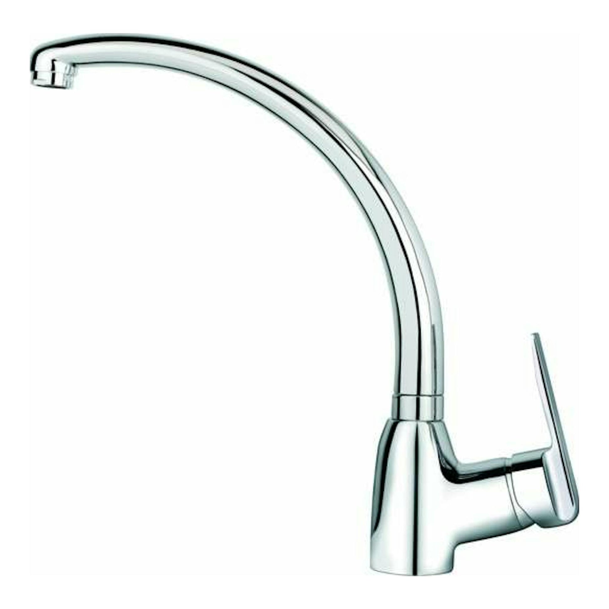 Grifo de cocina Teka IN 914 cromado, vista frontal, con caño alto curvado y mando lateral.