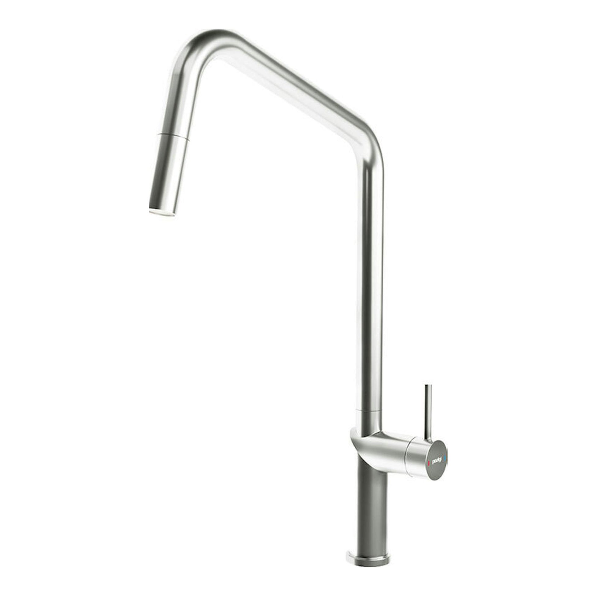 Grifo Poalgi C1 cromo, vista lateral, con caño alto en forma de L y mando monomando.