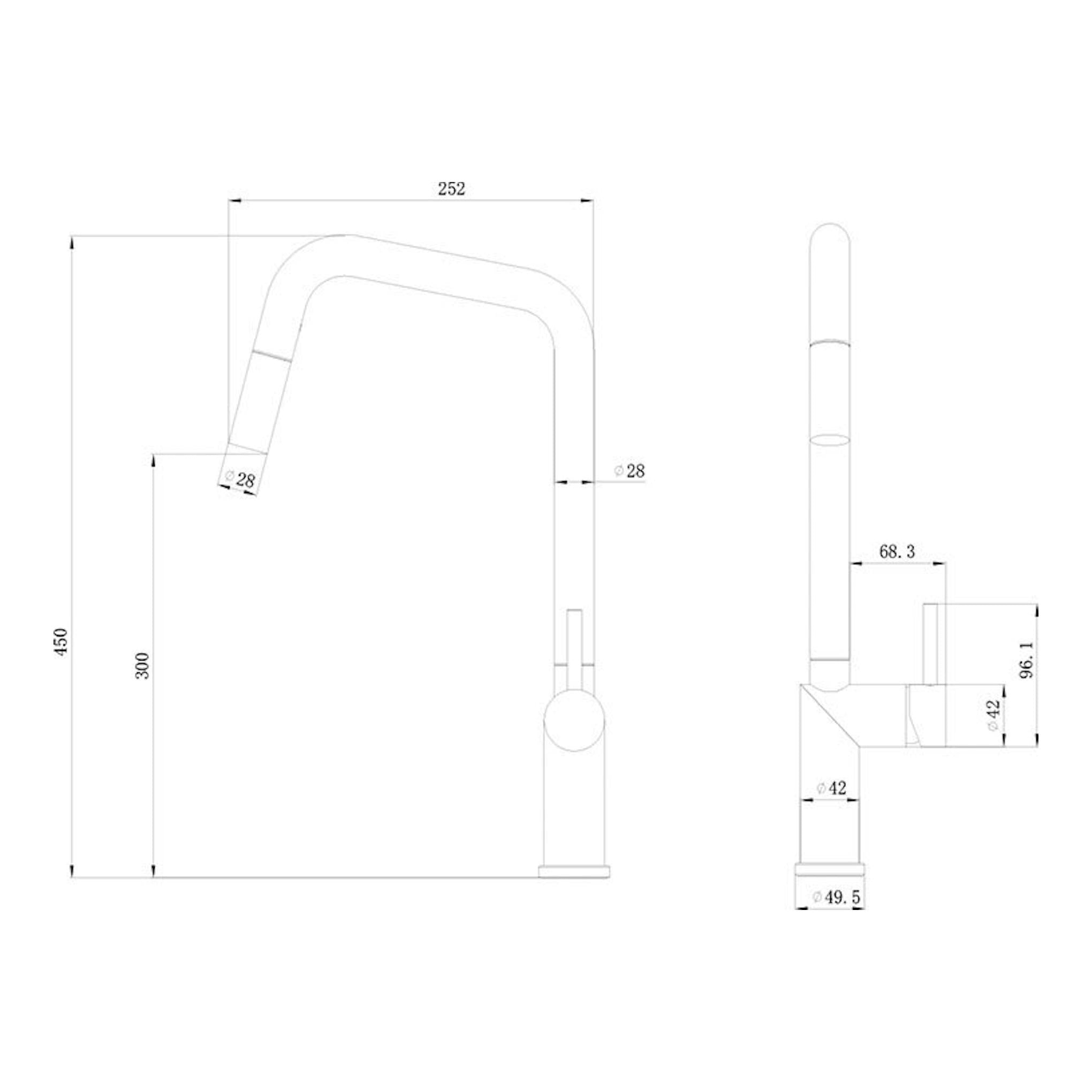 Grifo Poalgi C1 cromo, vista frontal y lateral en dibujo técnico con medidas.