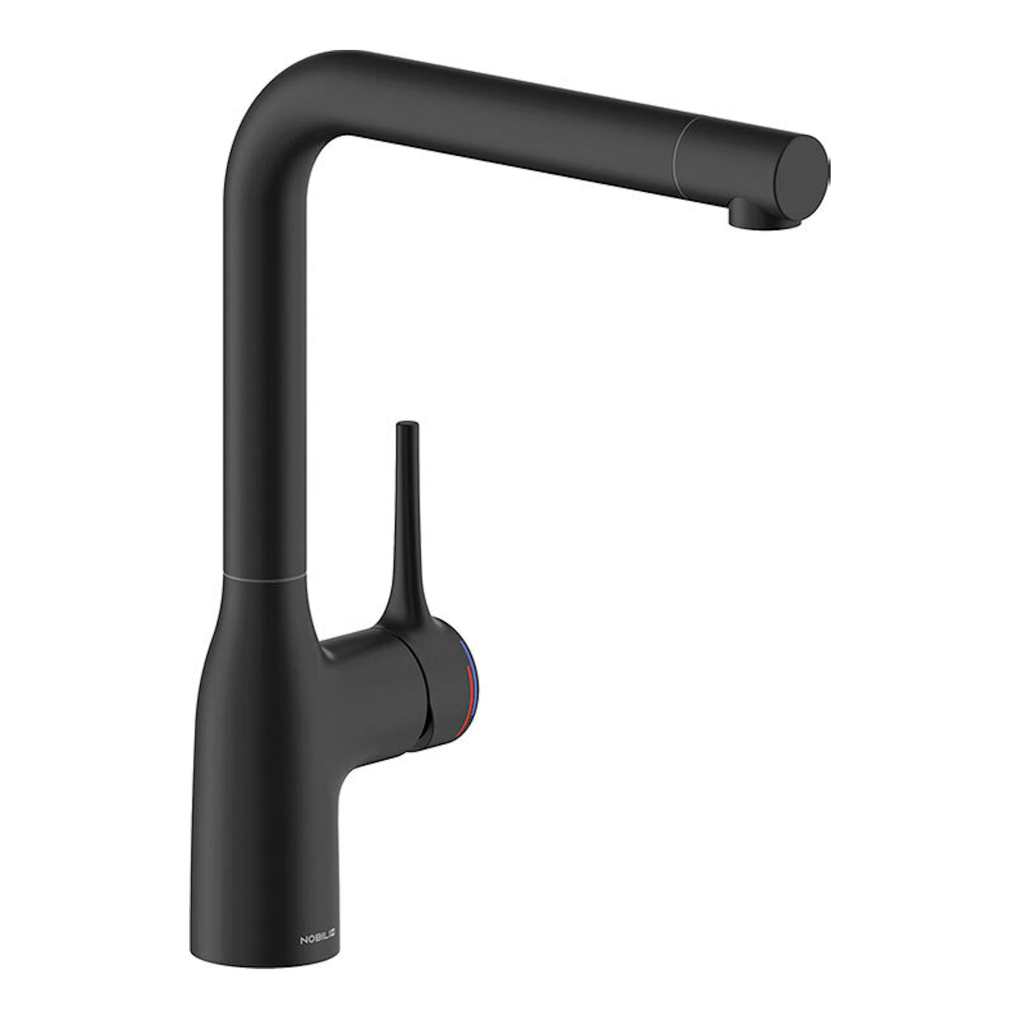 Grifo Nobili CU128113BM negro mate, vista frontal lateral, caño alto en L y mando monomando.