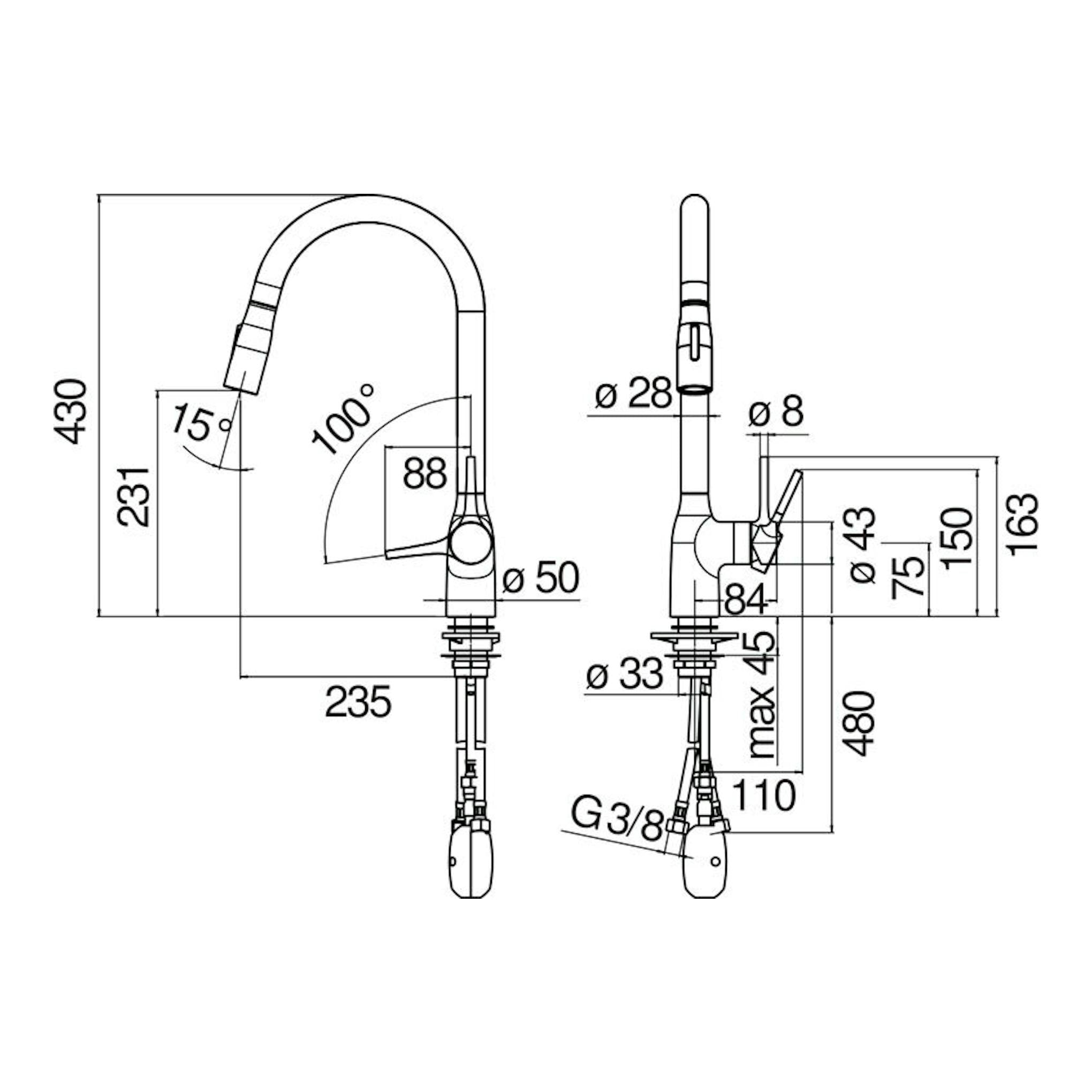 Grifo Poalgi Nobili CU128137CR en cromo, dibujo técnico frontal y lateral con medidas.