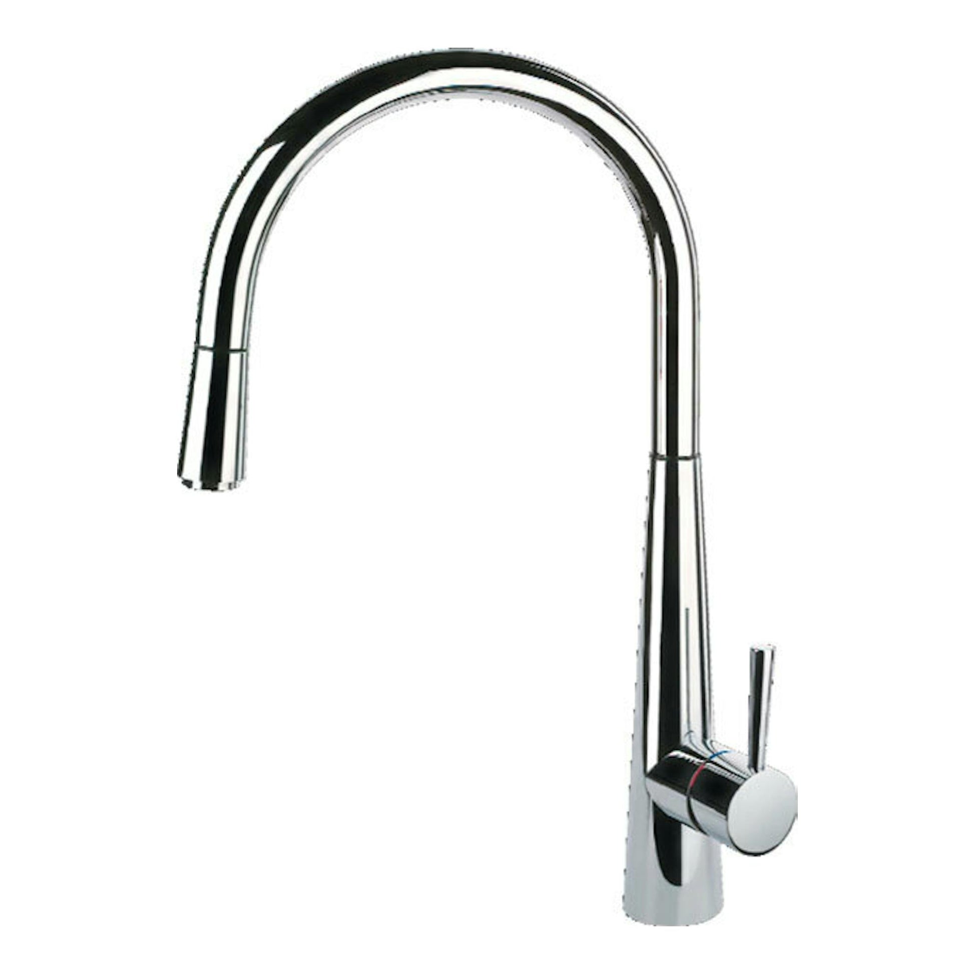Grifo Smeg MD14CR cromado, vista frontal, caño alto curvado y mando lateral sobre fondo blanco.