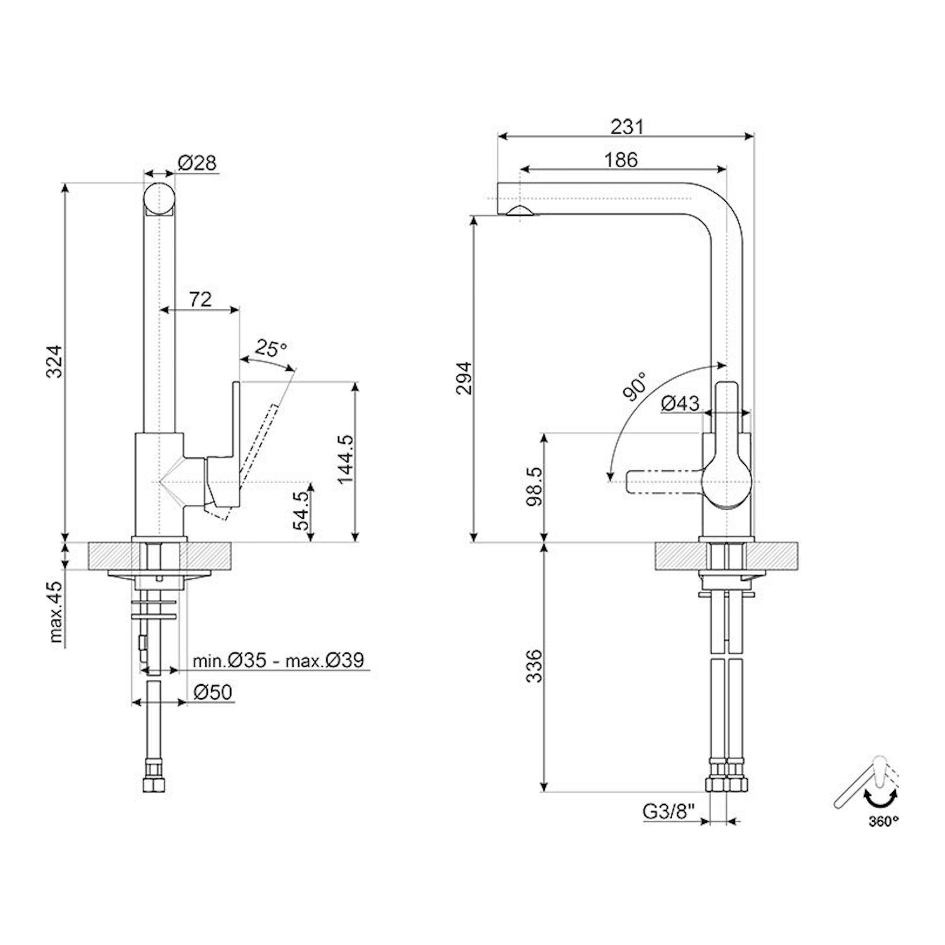 Smeg MI1CR, dibujo técnico de grifo con caño alto en L, vistas lateral y frontal con cotas.