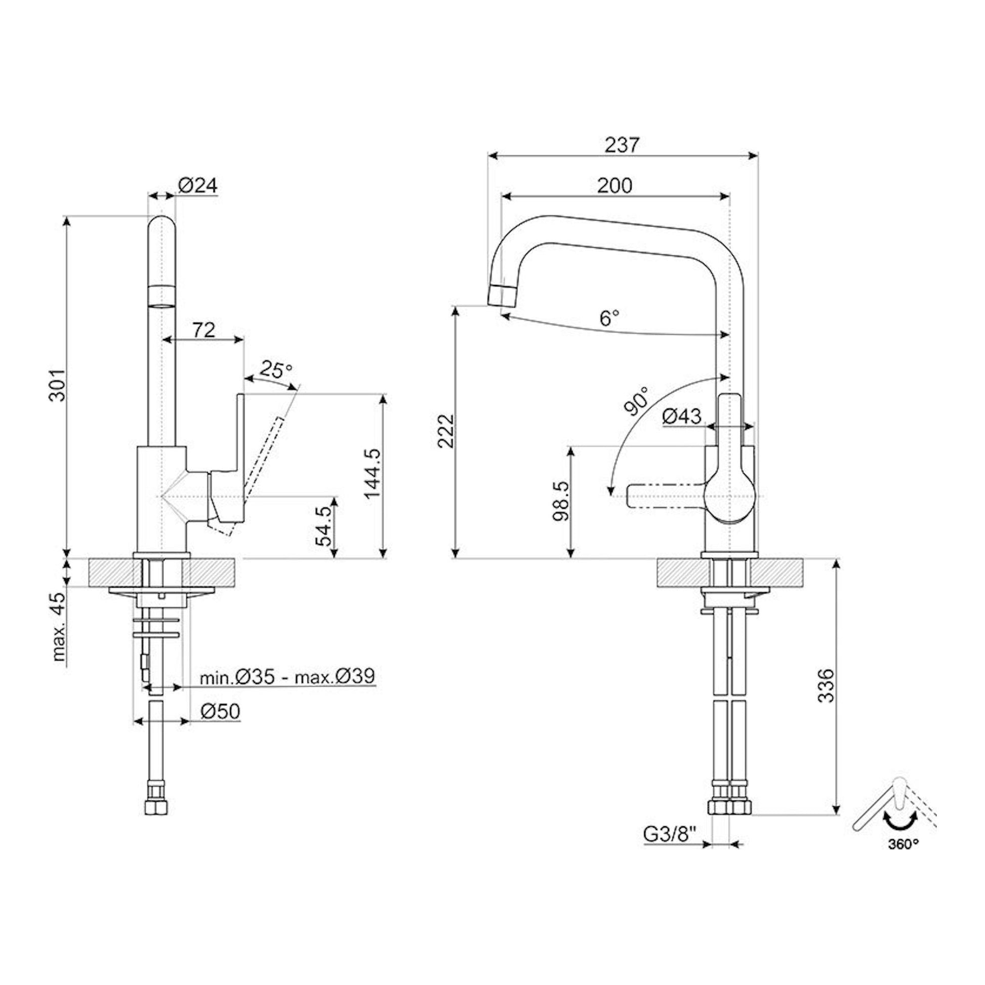 Smeg MI3MN negro, dibujo técnico de grifo con vistas lateral y frontal y cotas de medida.