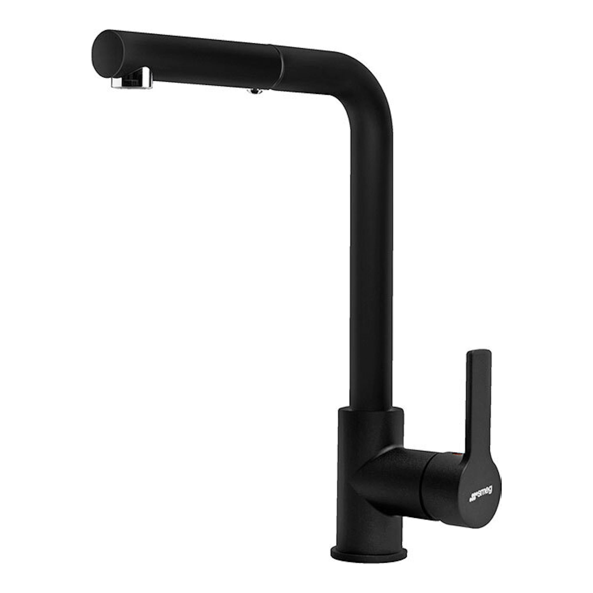 Grifo Smeg MID1MN negro, vista lateral, con caño alto en forma de L y mando monomando.