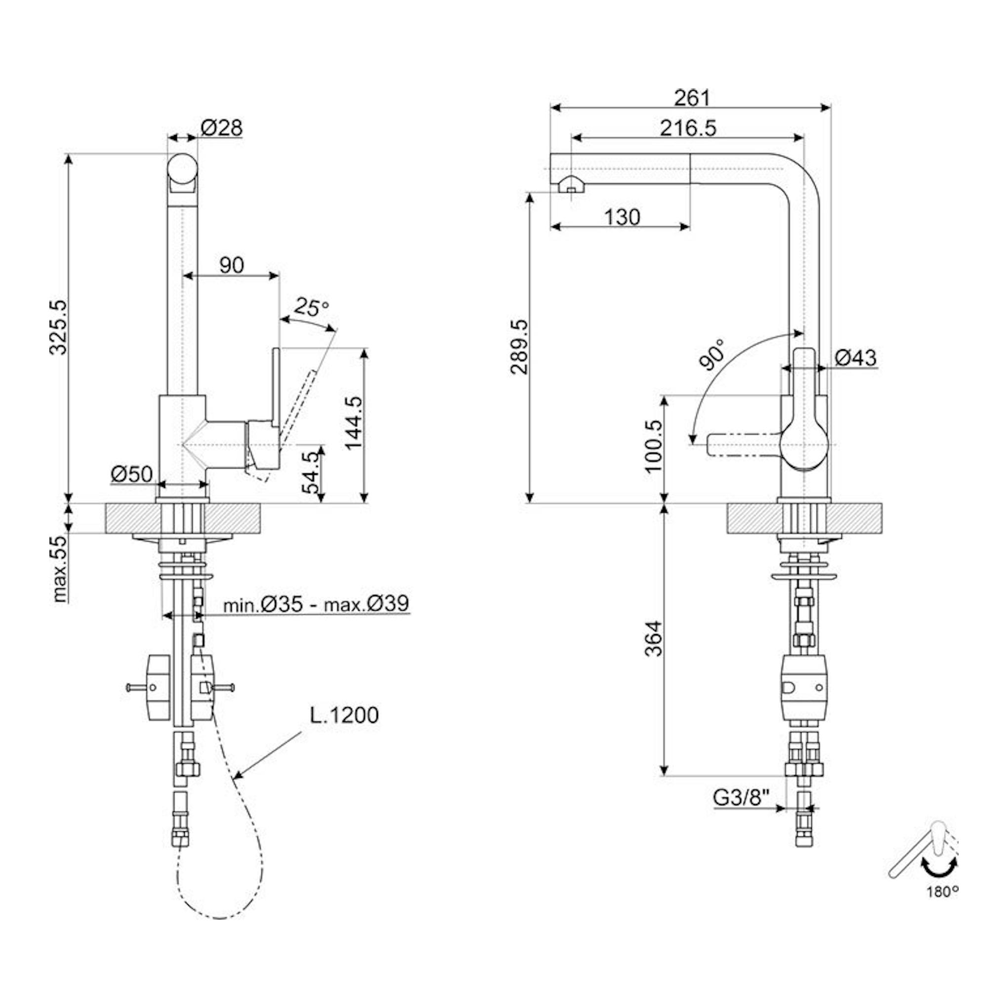 Grifo Smeg MID1NS cromo, vista técnica frontal y lateral con medidas y caño alto giratorio.