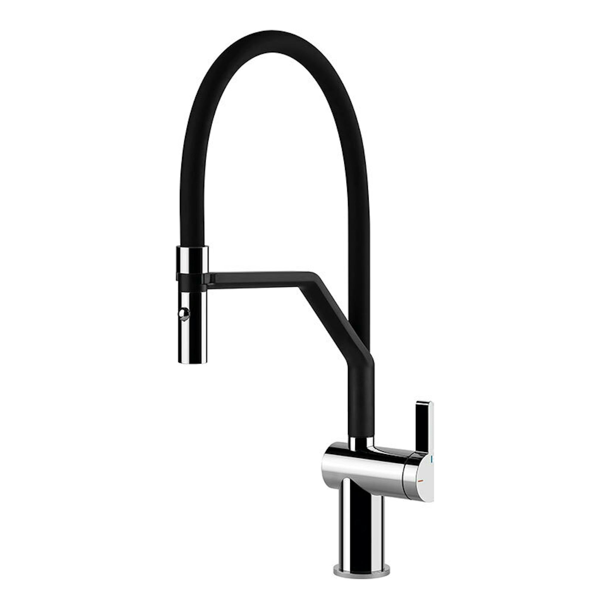 Grifo Smeg MID20CR negro y cromado, vista frontal, con caño alto arqueado y mando lateral.