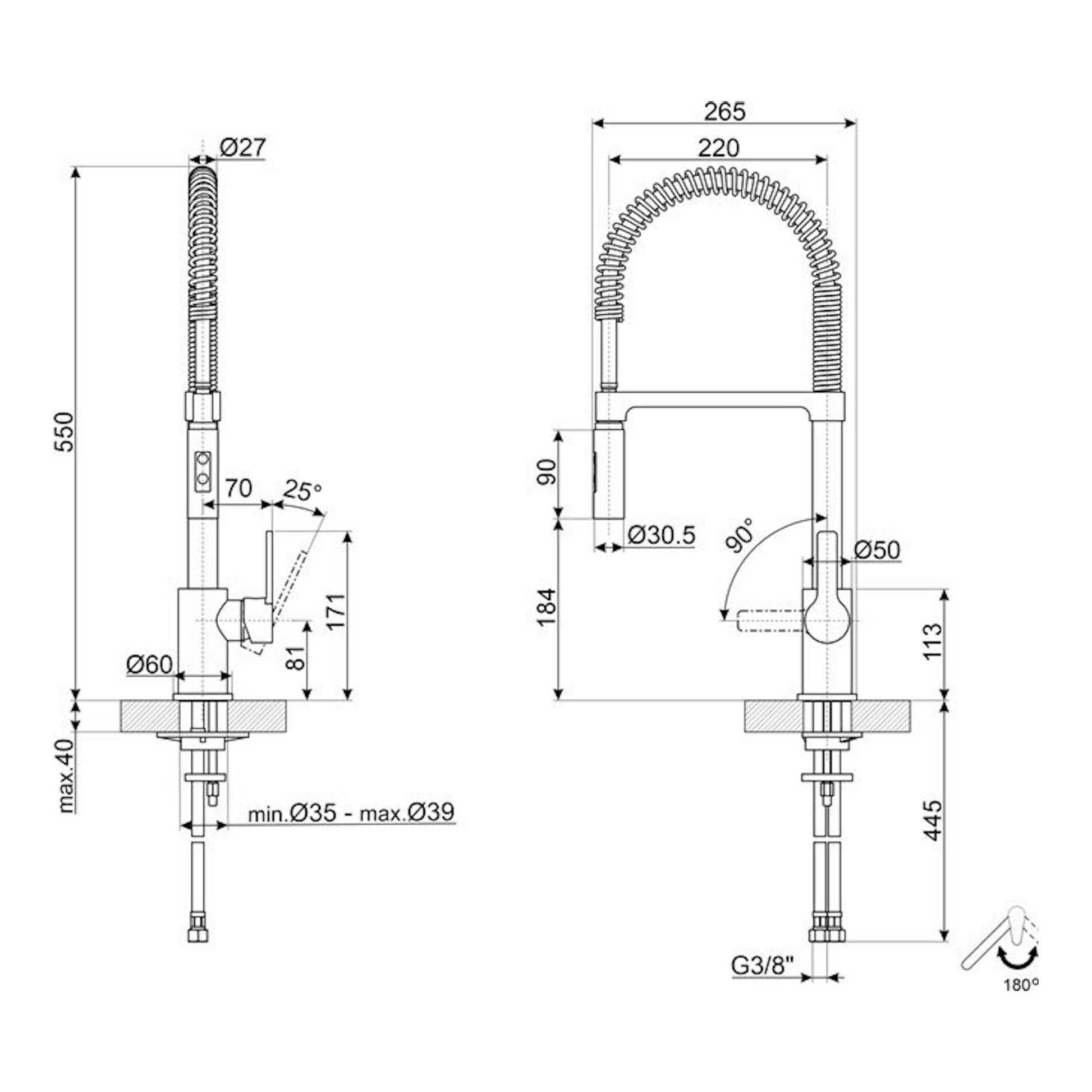 Dibujo técnico del grifo Smeg MID5CR cromado, con vistas frontal y lateral y medidas.