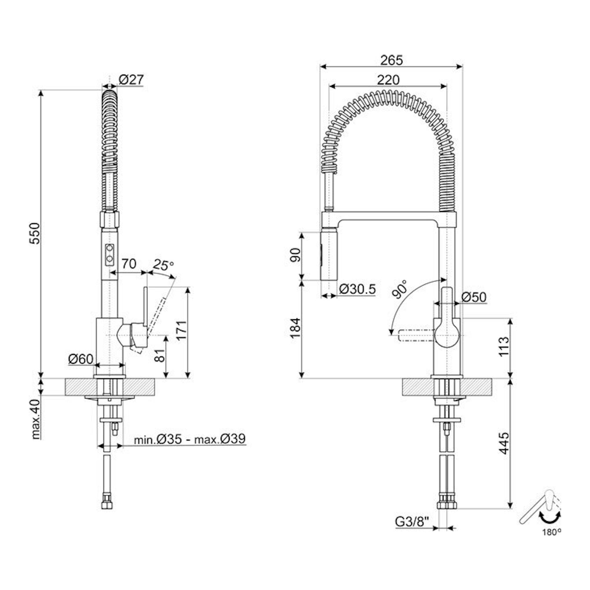 Dibujo técnico del grifo Smeg MID5CR cromado, con vistas frontal y lateral y medidas.