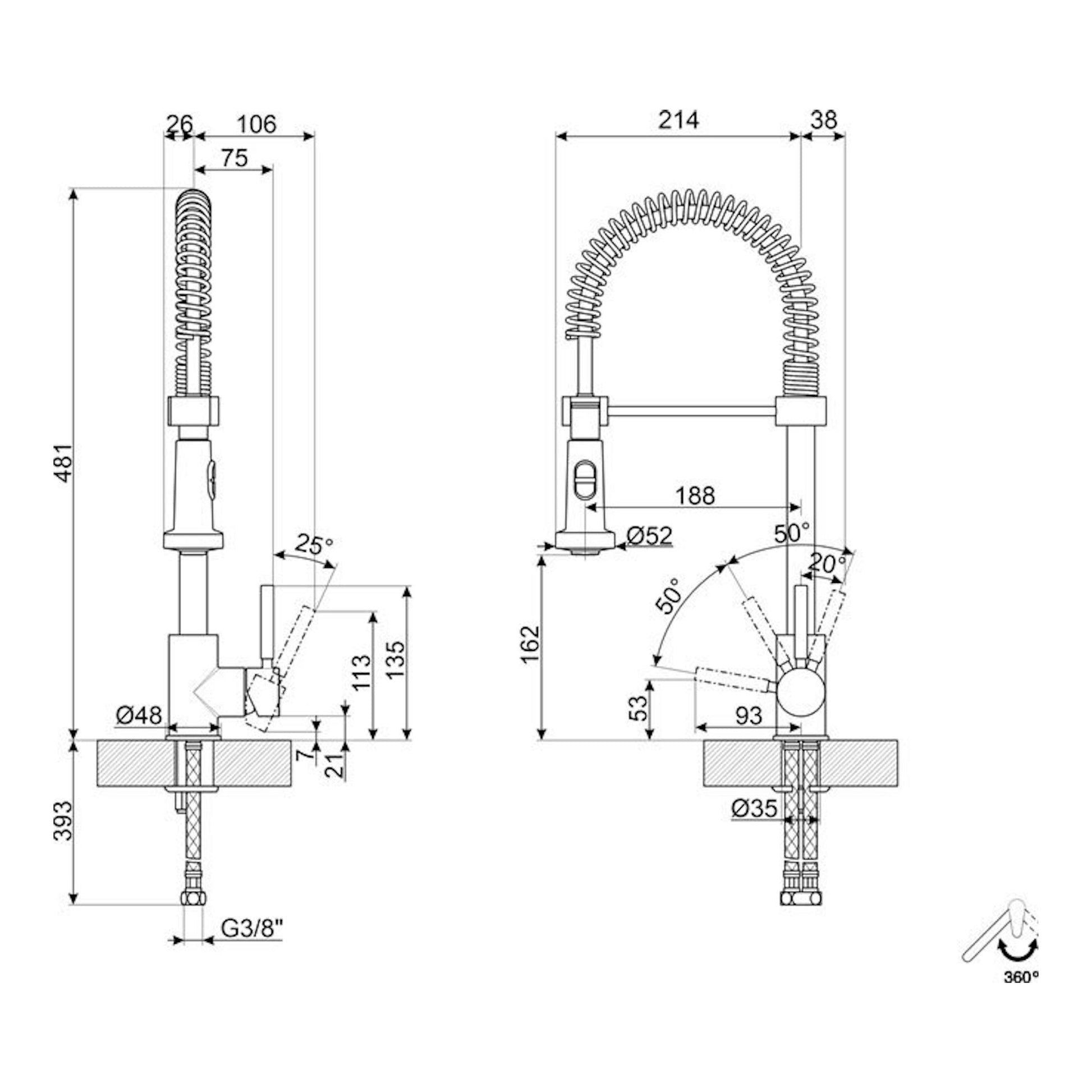 Grifo Smeg MID9CR cromo, dibujo técnico con vistas frontal y lateral y cotas de instalación.