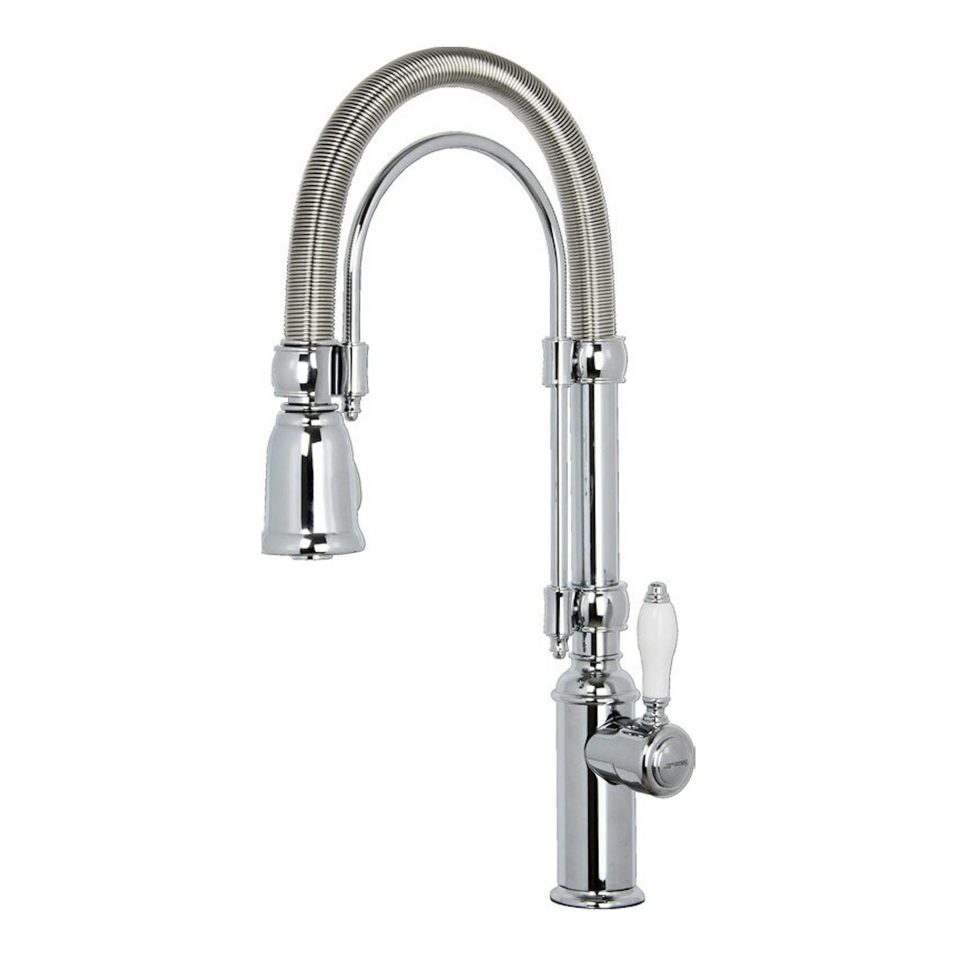 Grifo Smeg MIDR7CR-2 cromado, vista frontal, con caño flexible en espiral y mando blanco.