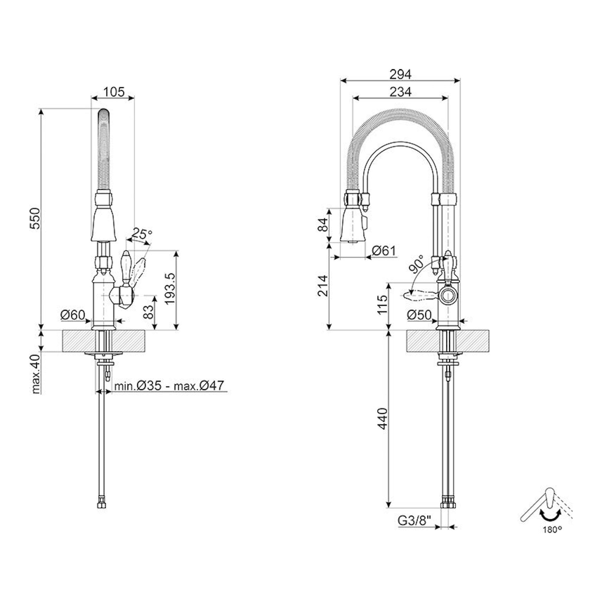 Grifo Smeg MIDR7CR-2 cromado, dibujo técnico en vista frontal y lateral con medidas.