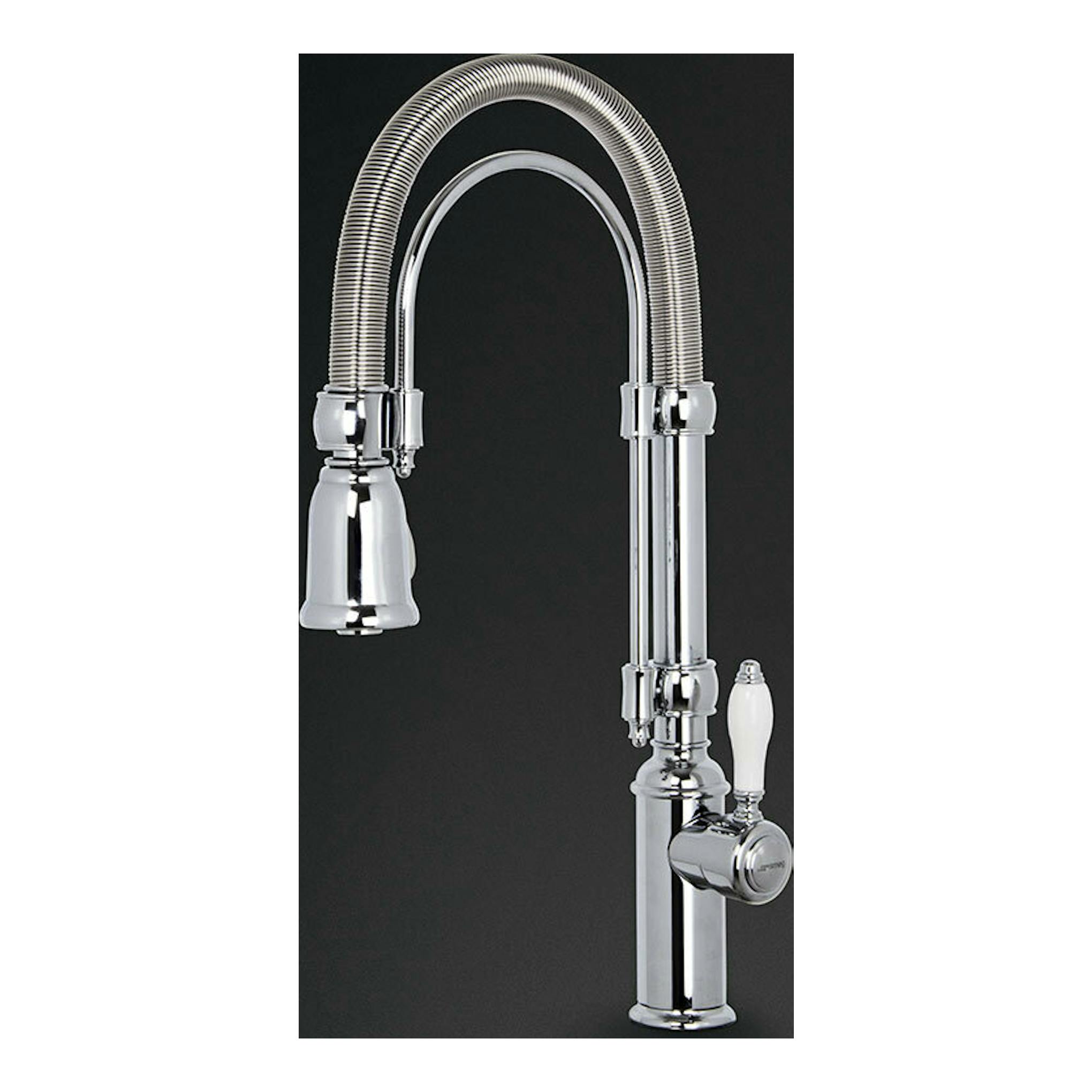 Grifo Smeg MIDR7CR-2 cromado, vista frontal, con caño alto curvo flexible y palanca blanca.