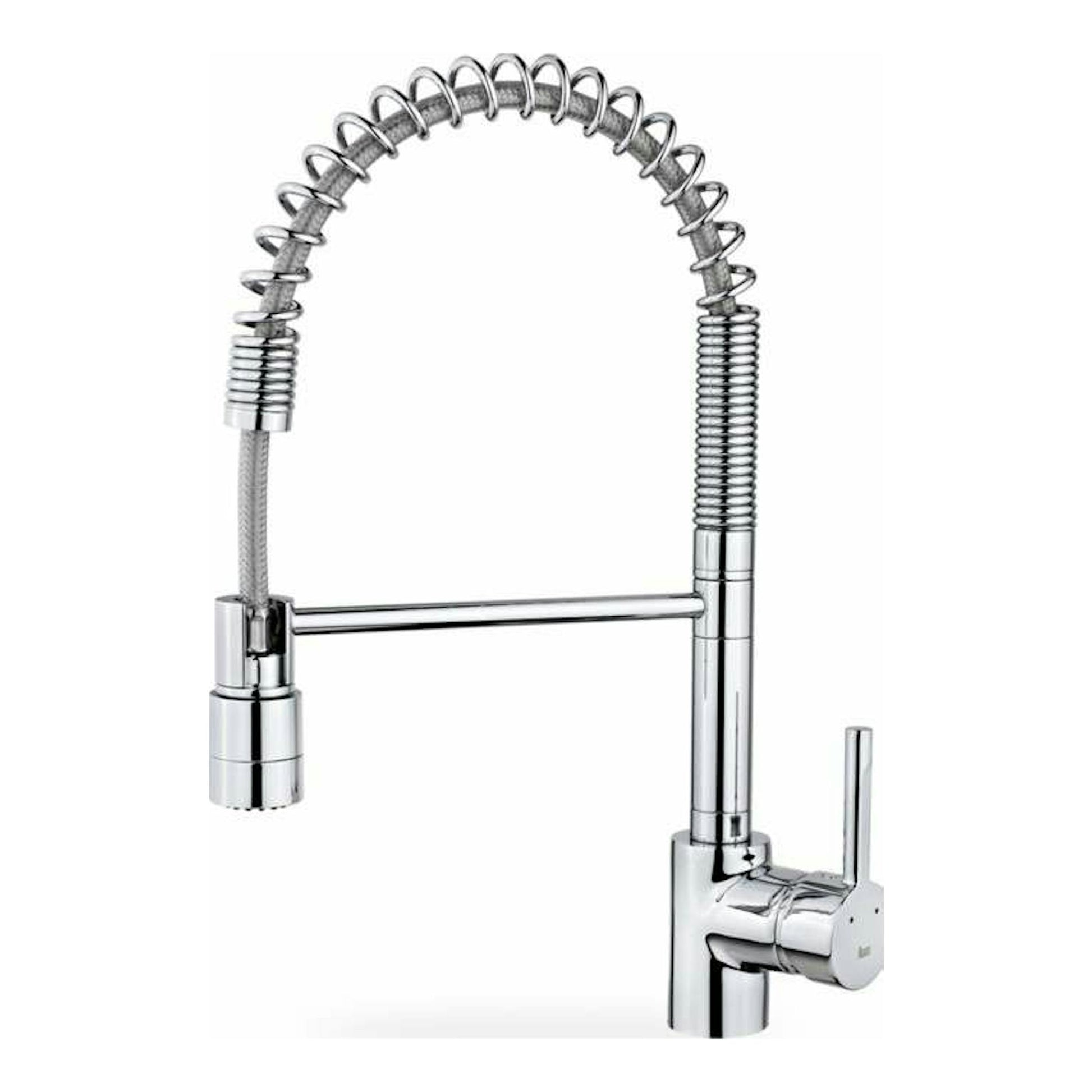 Grifo Teka ARK937 cromado, vista frontal, con caño flexible en arco y monomando lateral.