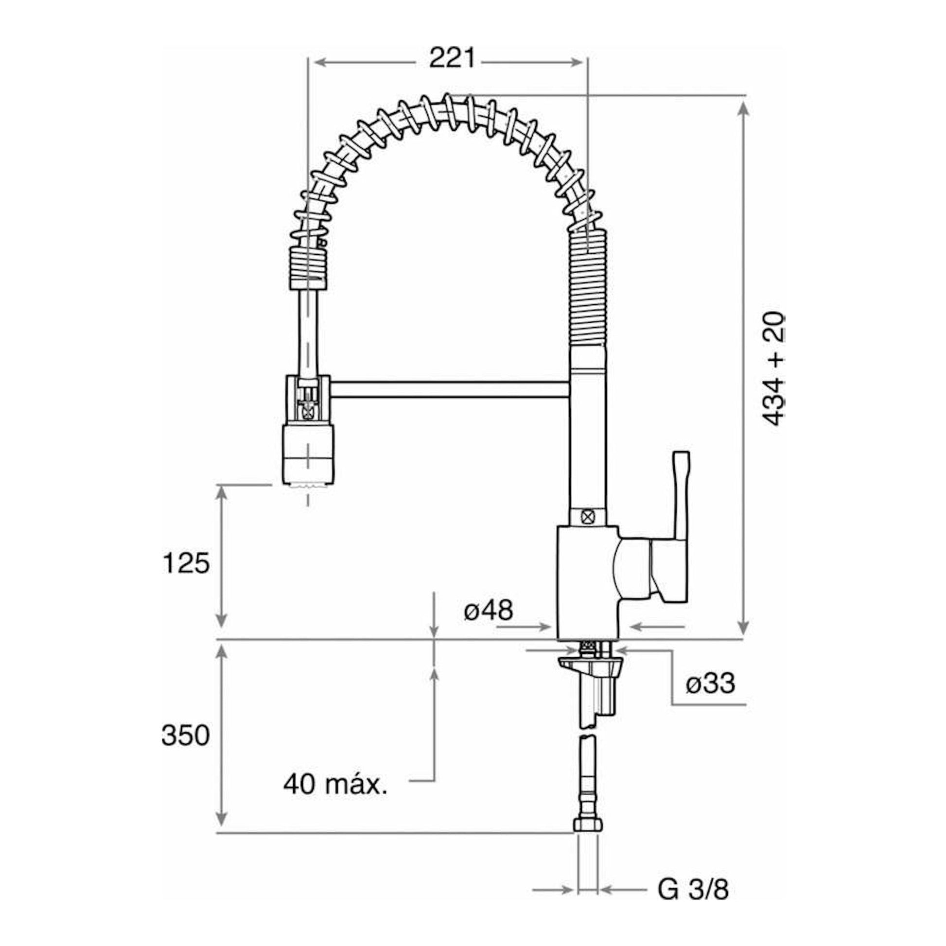 Grifo Teka ARK937 cromado, vista frontal en dibujo técnico con caño flexible en arco y medidas de instalación.