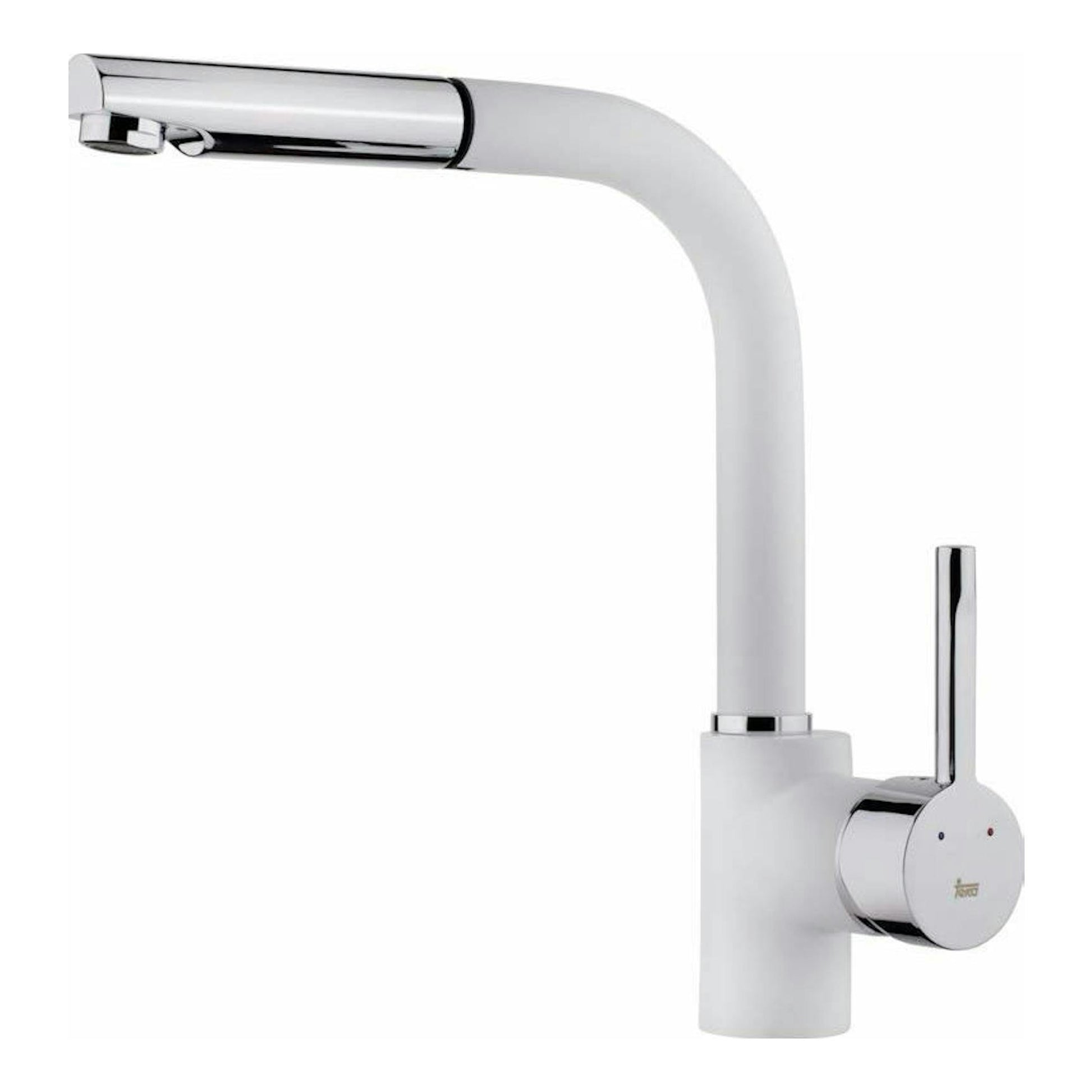 Grifo Teka ARK938 blanco y cromado, vista lateral sobre fondo blanco.