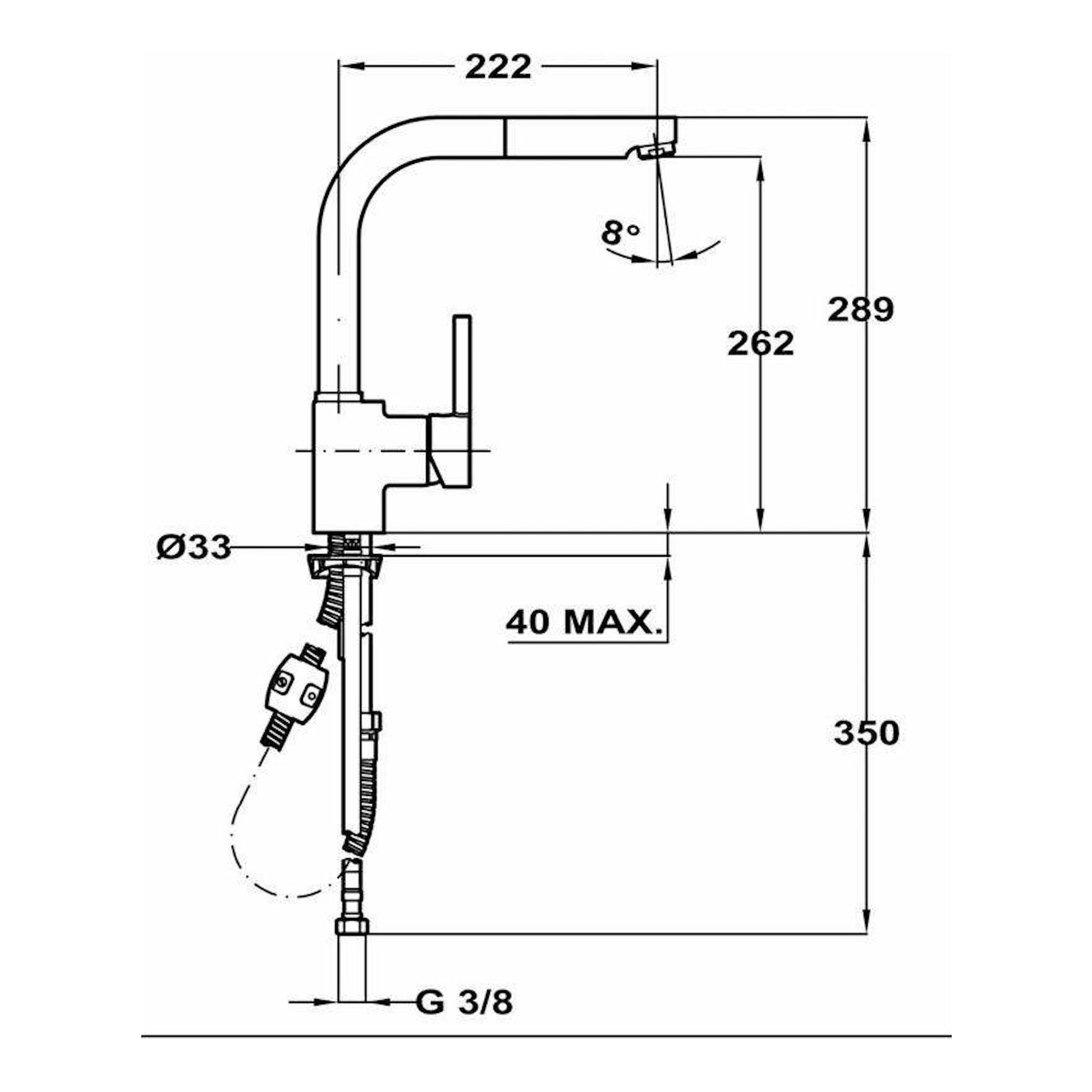 Esquema técnico del grifo Teka ARK938 Blanco, vista lateral, con medidas y caño giratorio.