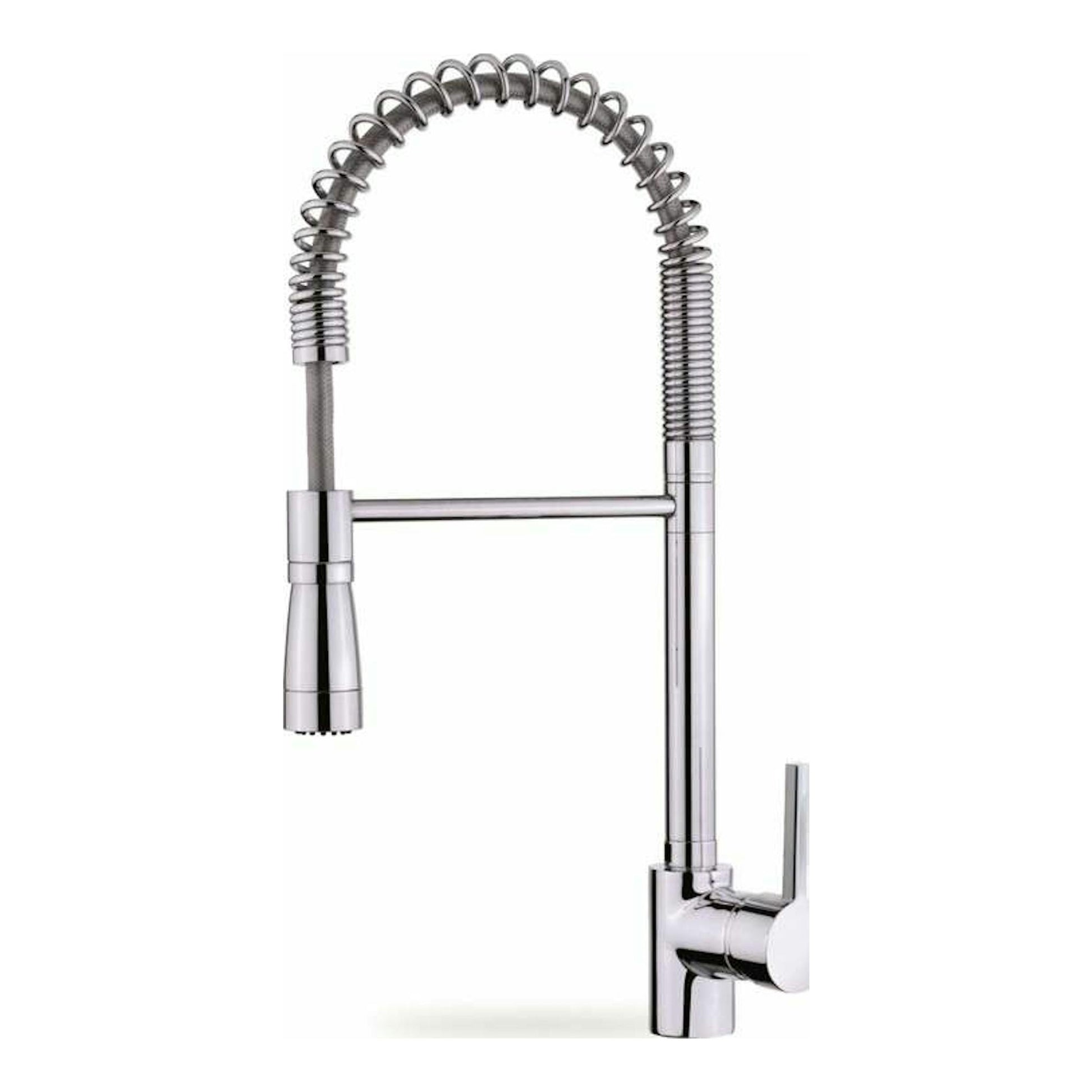 Grifo Teka ARK939 cromado, vista frontal, con caño flexible en espiral y palanca lateral.