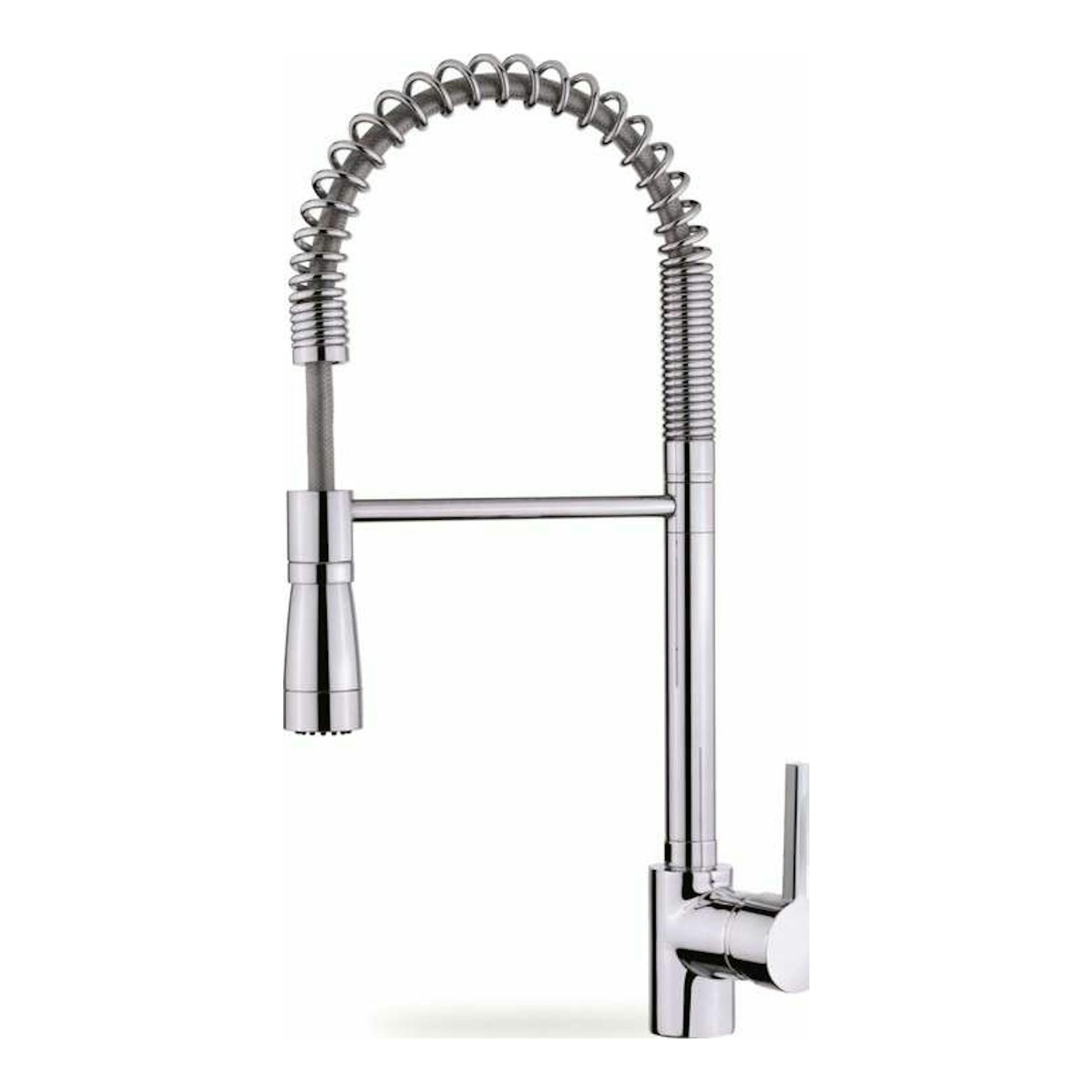 Grifo Teka ARK939 cromado, vista frontal, con caño flexible en espiral y palanca lateral.