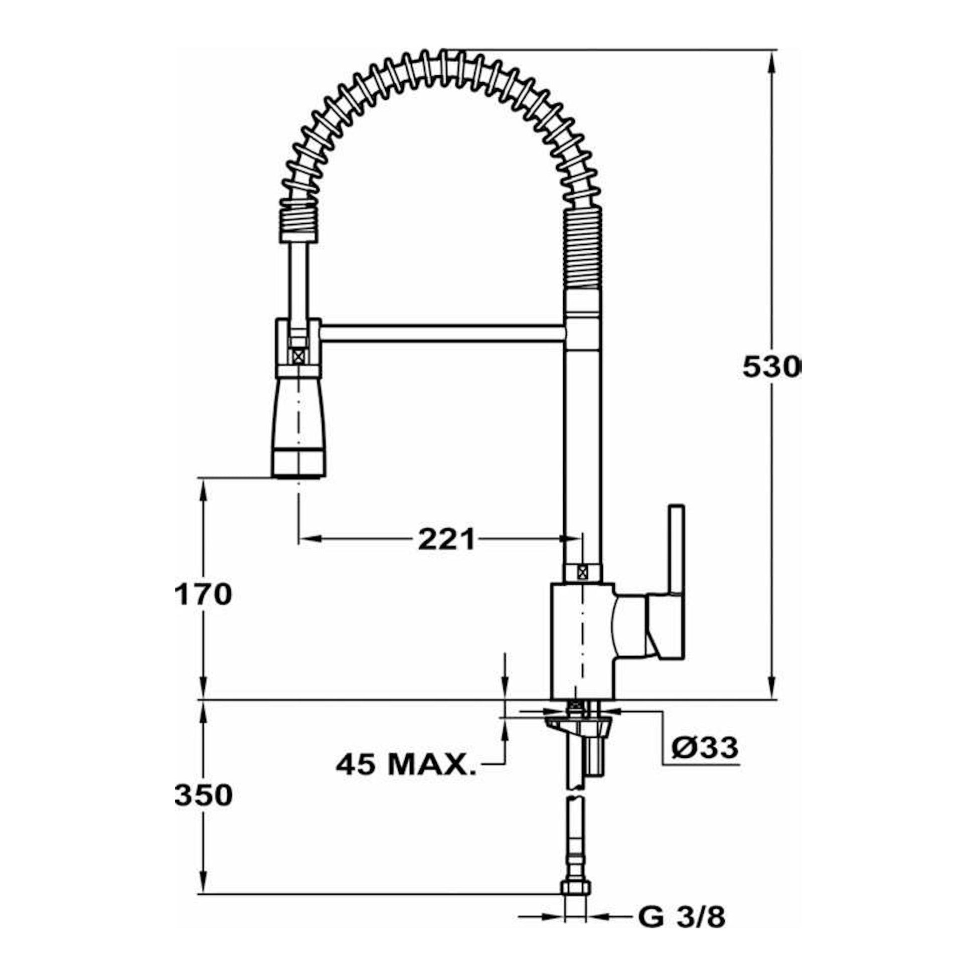 Dibujo técnico del grifo Teka ARK939 cromado, vista lateral con caño flexible y cotas 530, 221 y Ø33.