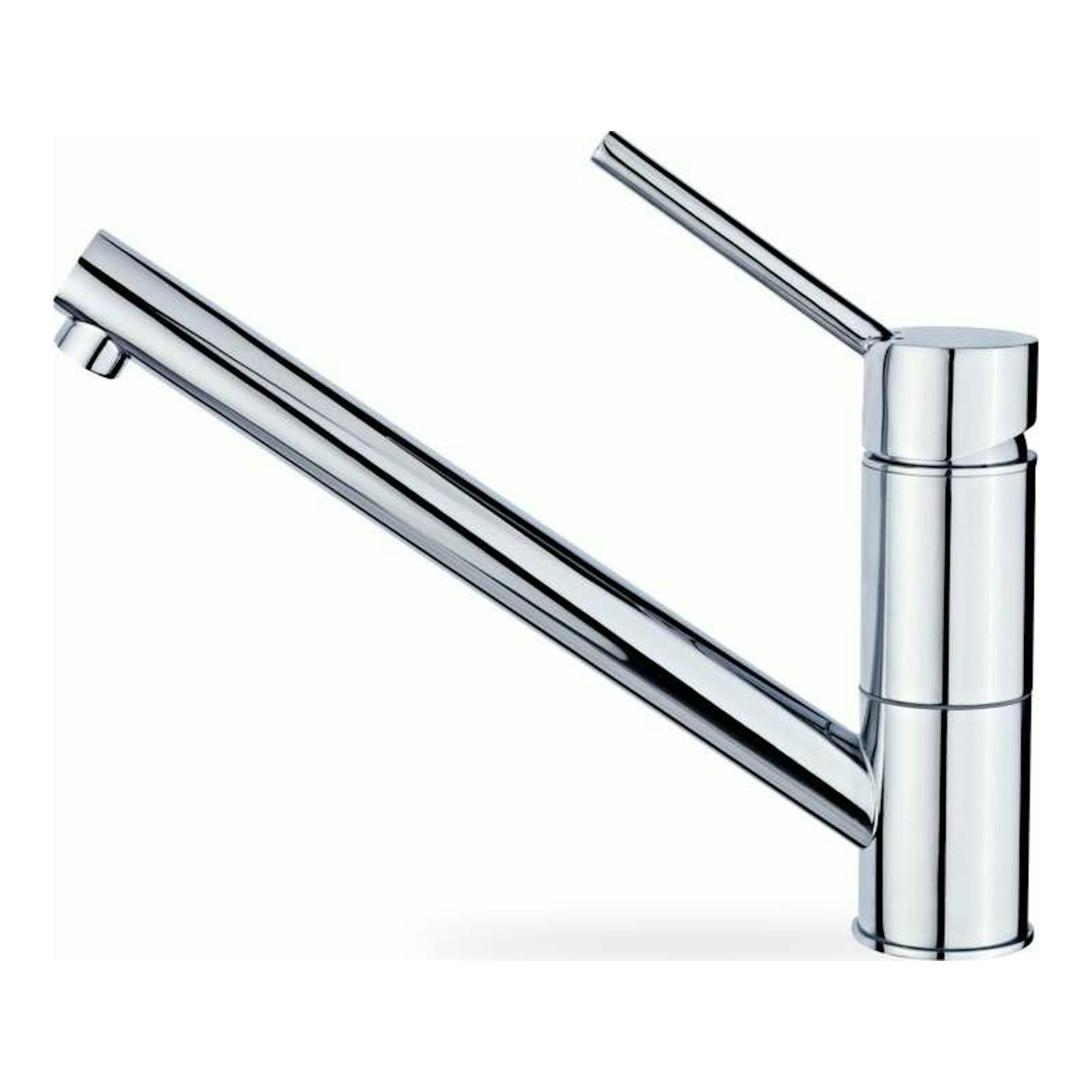 Grifo Teka AUK913 cromado, vista lateral, con caño largo inclinado y palanca superior.