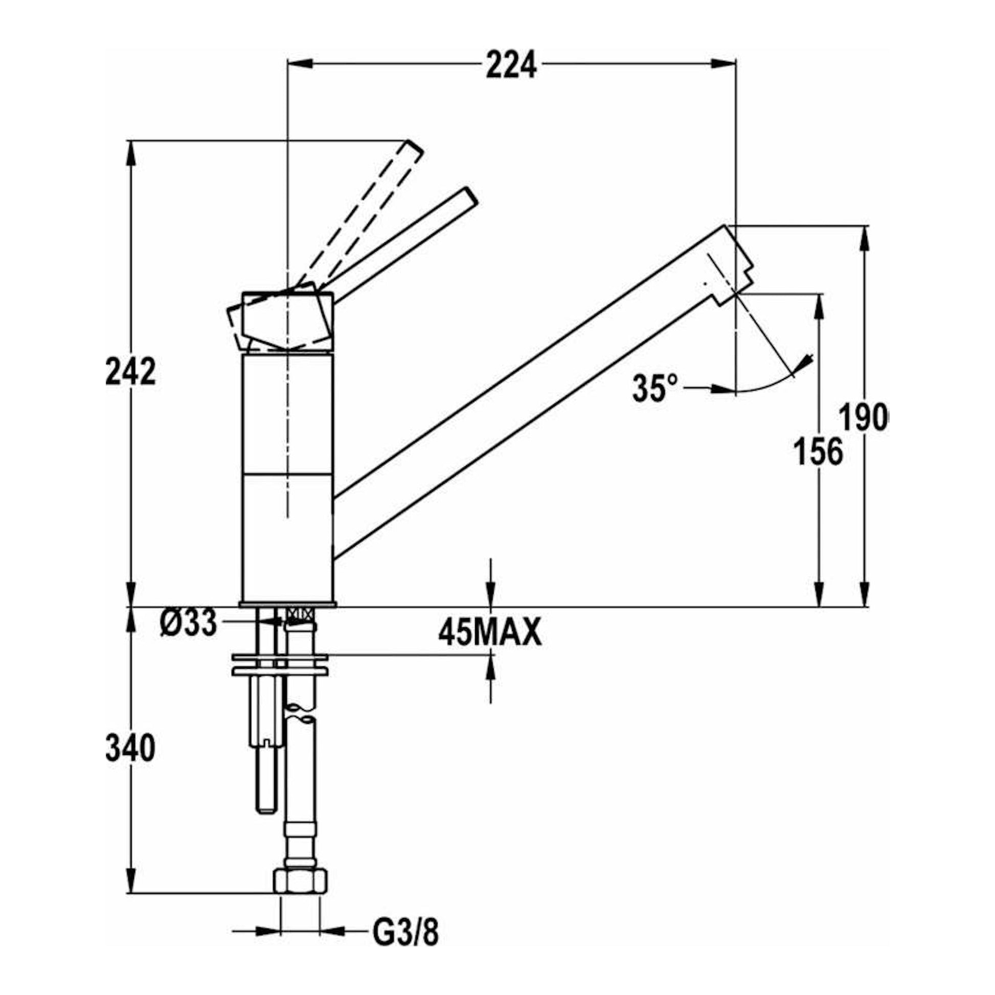 Grifo Teka AUK913 cromado, vista lateral en dibujo técnico con medidas y brazo inclinado.