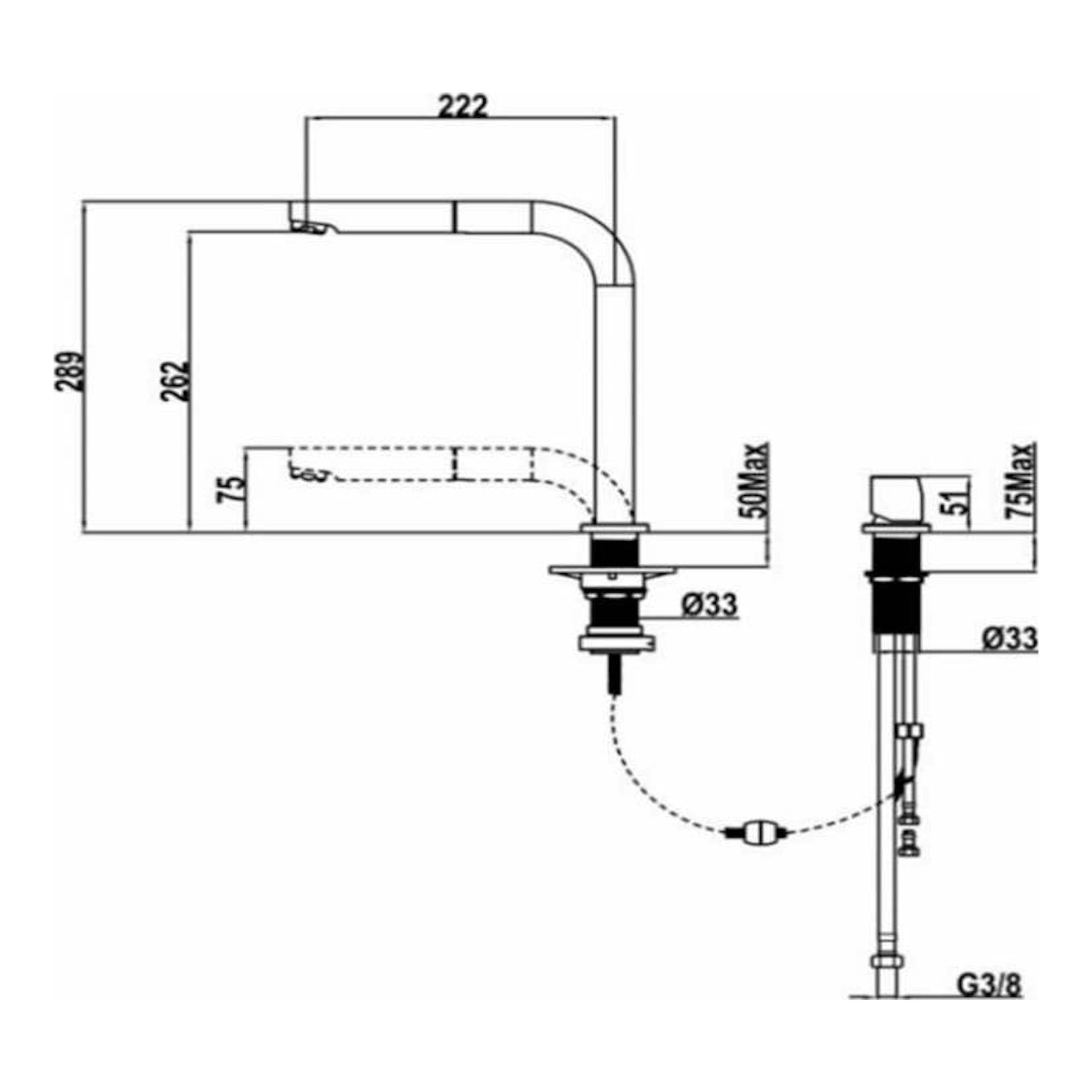 Esquema técnico lateral del grifo Teka AUK983 cromado, con medidas y conexiones.