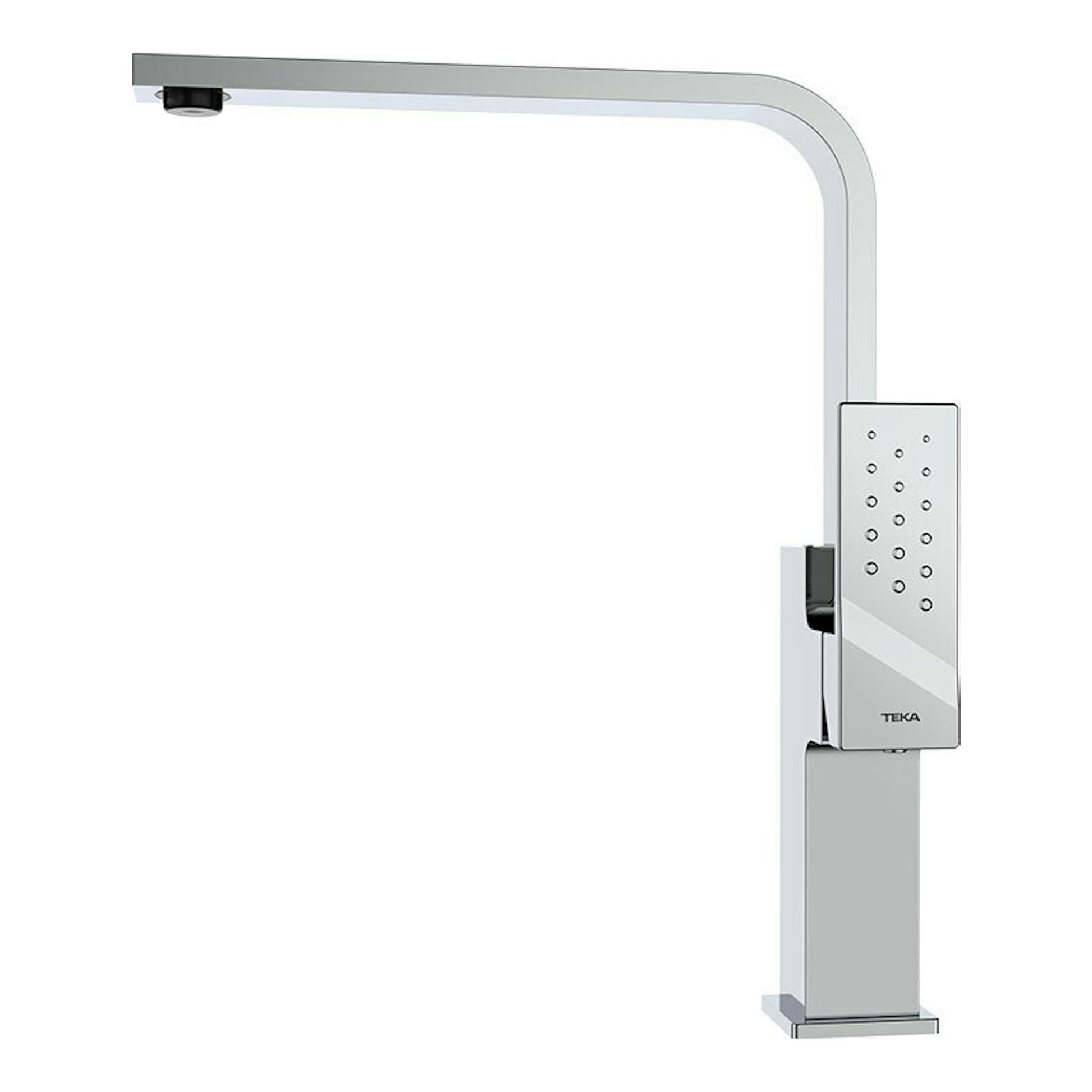 Grifo de cocina Teka Brooklyn BKY915 cromo, vista frontal, caño alto curvo y cuerpo rectangular.