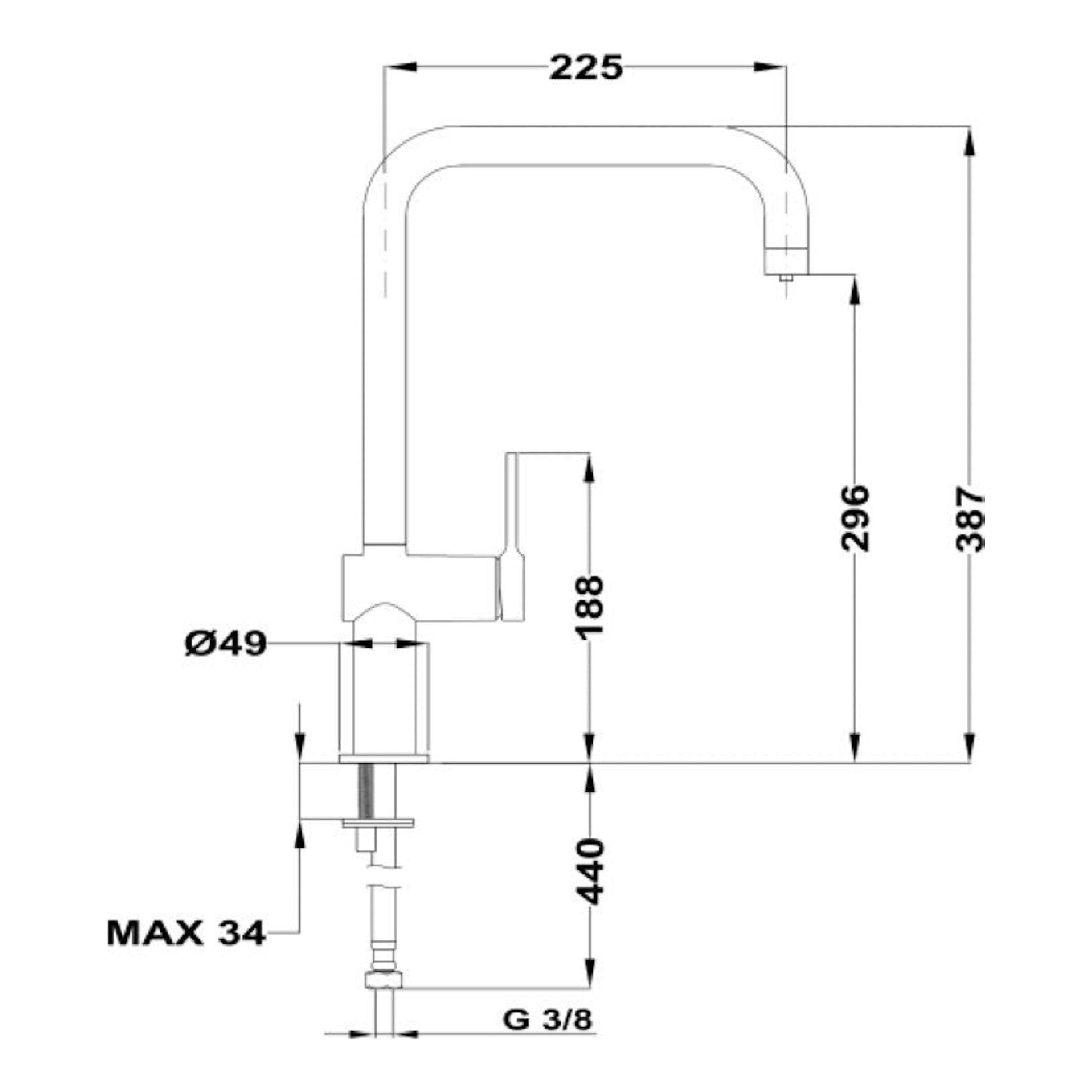 Dibujo técnico del grifo Teka EP915 E-Pure cromado, vista lateral con medidas y conexión G 3/8.