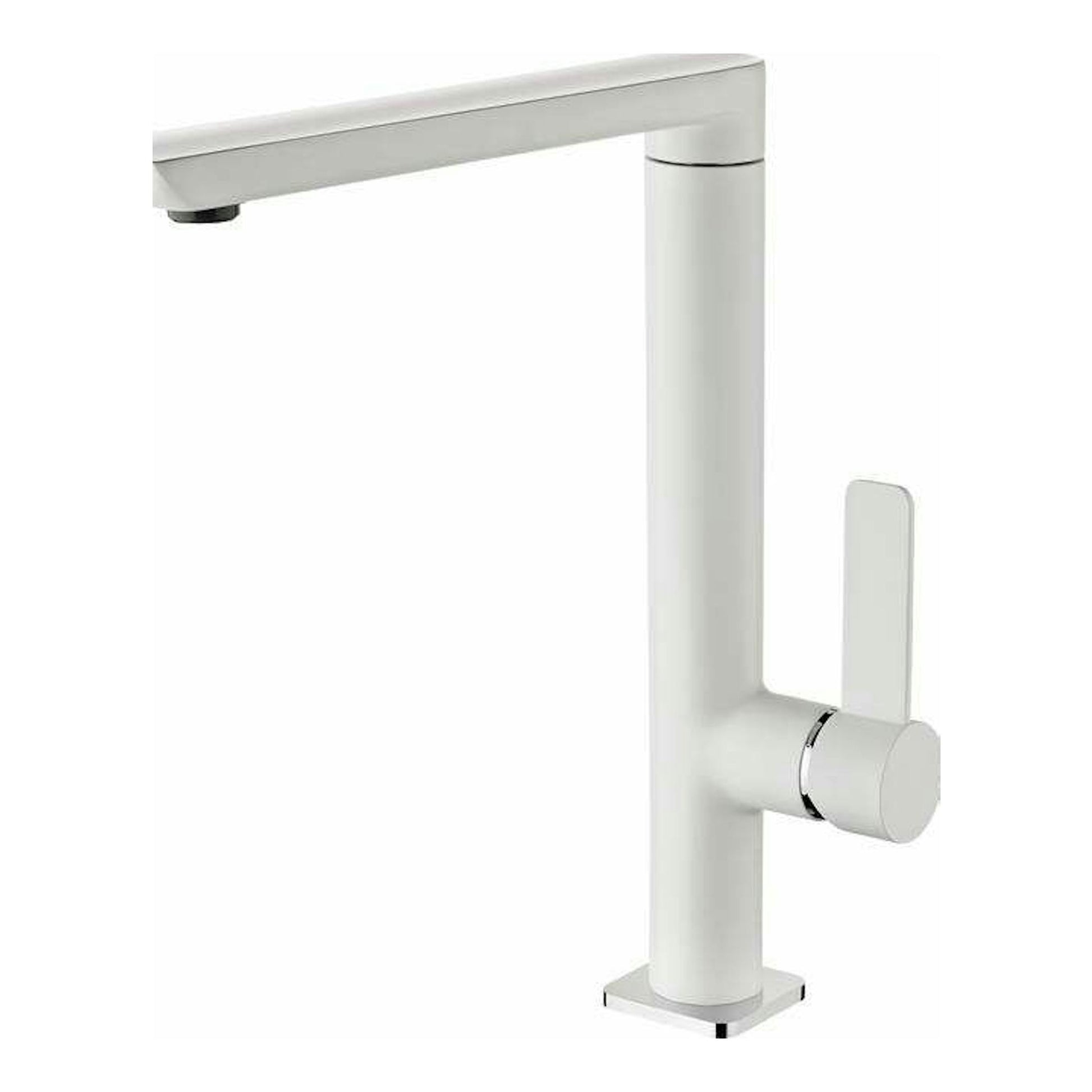 Grifo Teka FO915 blanco, vista lateral, monomando de caño alto con base cuadrada.