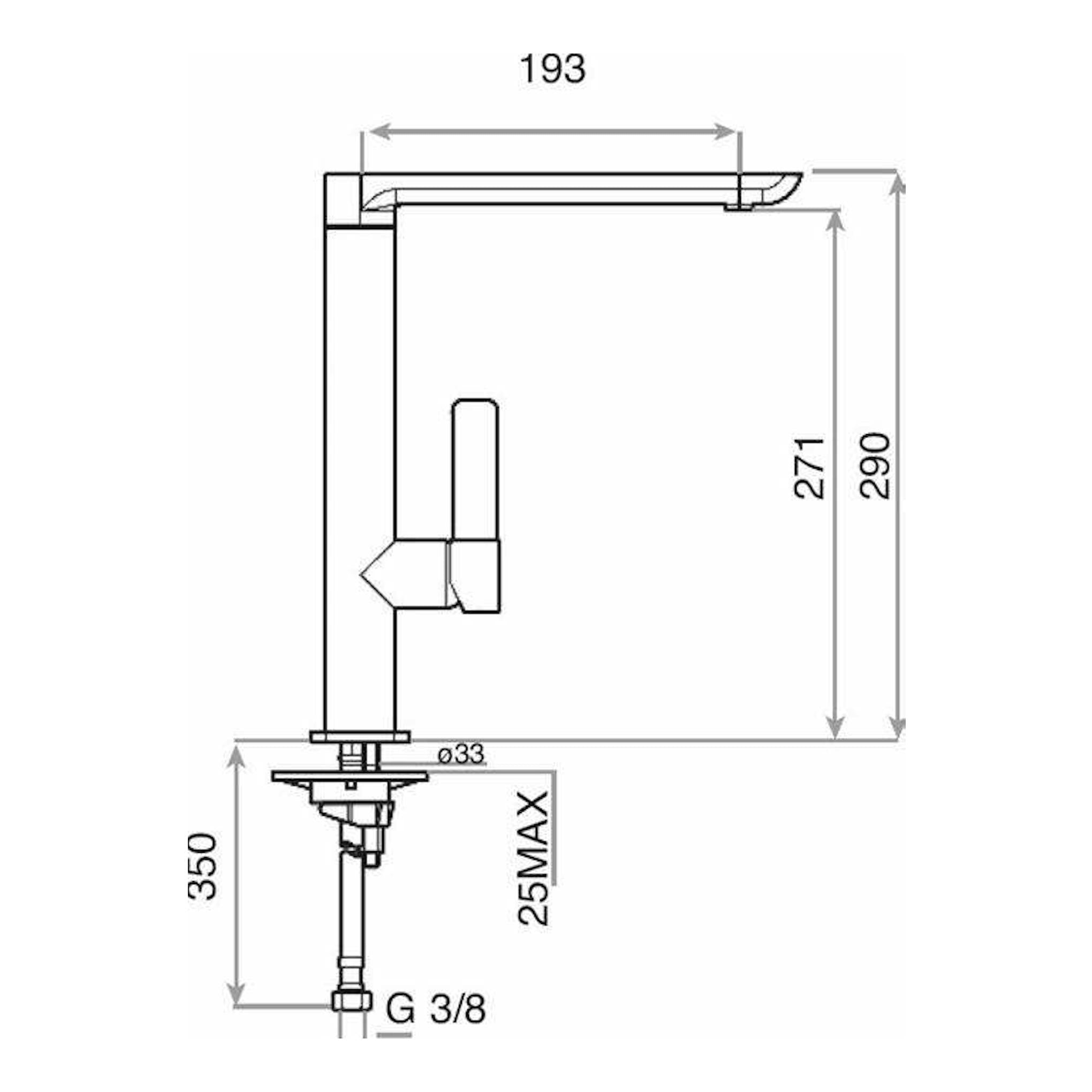Dibujo técnico frontal del grifo Teka FO915 blanco, con medidas y conexión inferior.