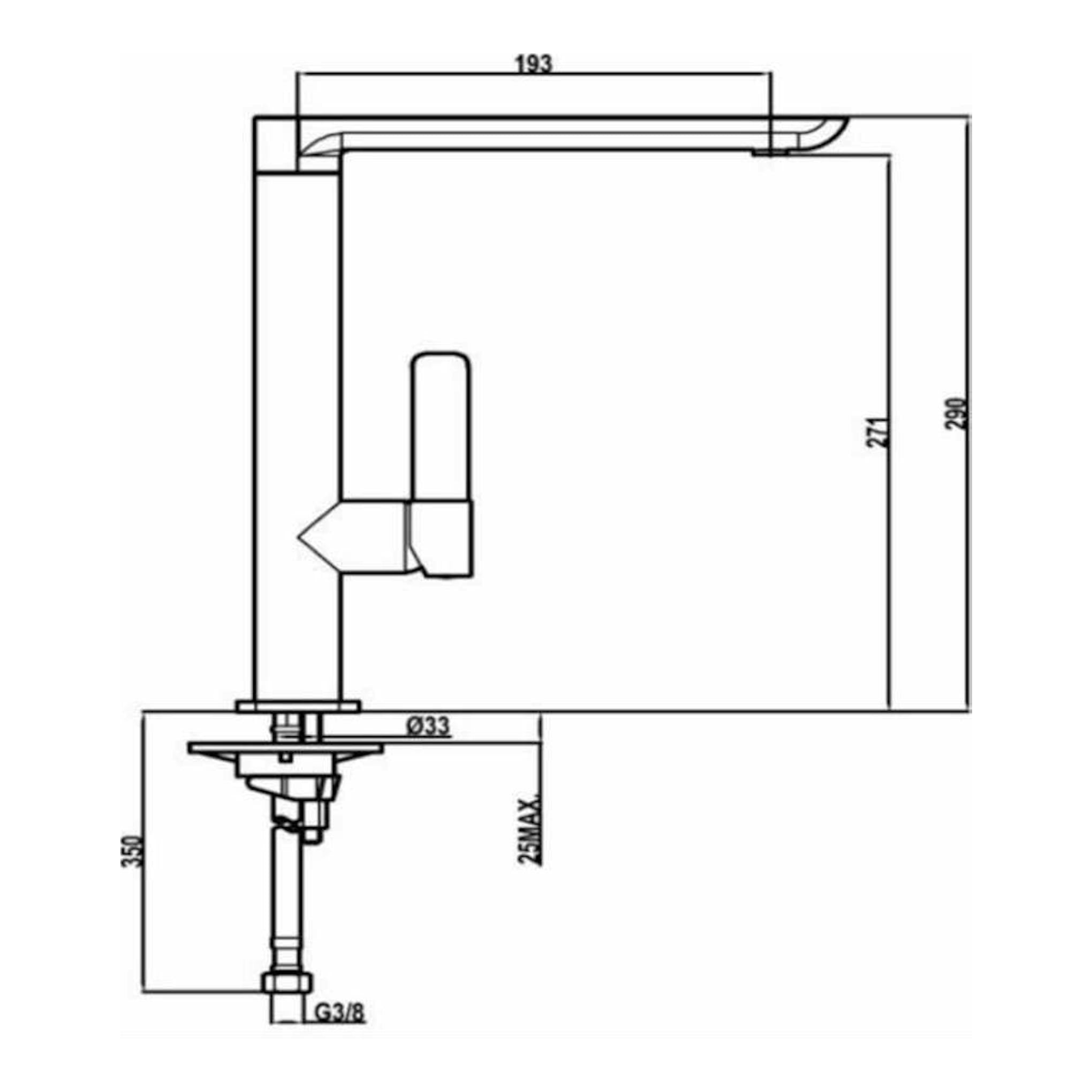 Dibujo técnico del grifo Teka FO915 cromado, vista lateral, con medidas y conexión inferior.