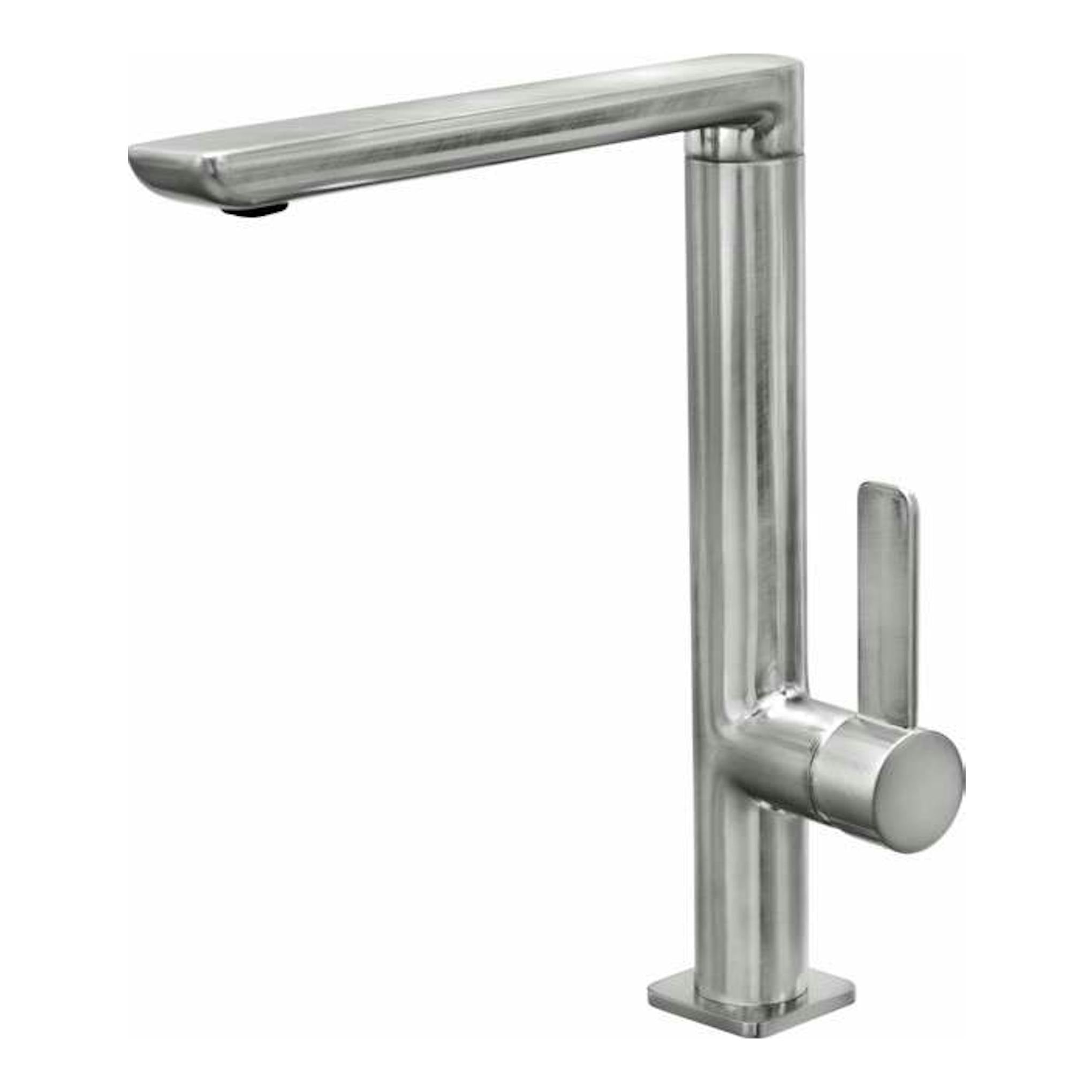 Grifo Teka FO915 Inox de acero inoxidable, vista frontal en ángulo, con caño horizontal y mando lateral.
