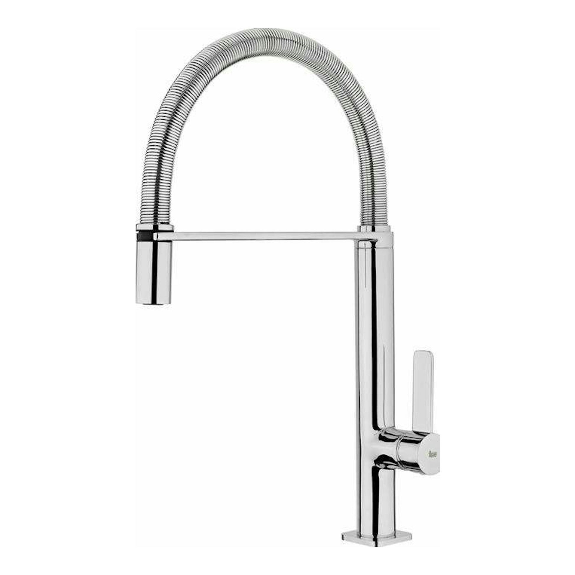 Grifo Teka FO939 cromado, vista frontal, con caño alto flexible en arco y mando monomando lateral.