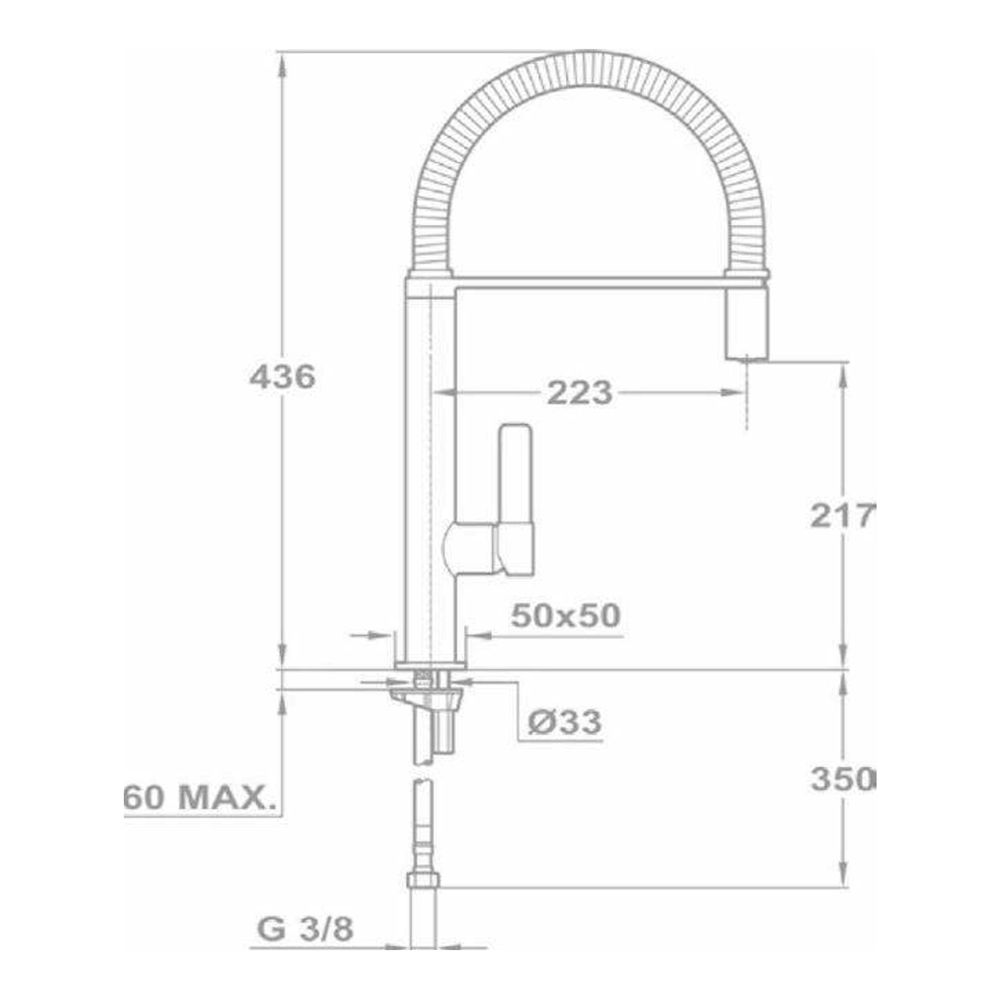 Grifo Teka FO939 cromado, dibujo técnico en vista lateral con arco alto y cotas de instalación.