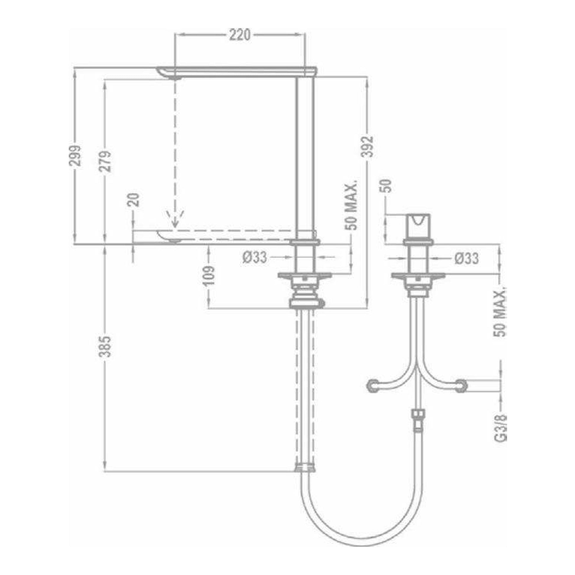 Grifo Teka FO985 cromado, dibujo técnico frontal con medidas y conexiones visibles.