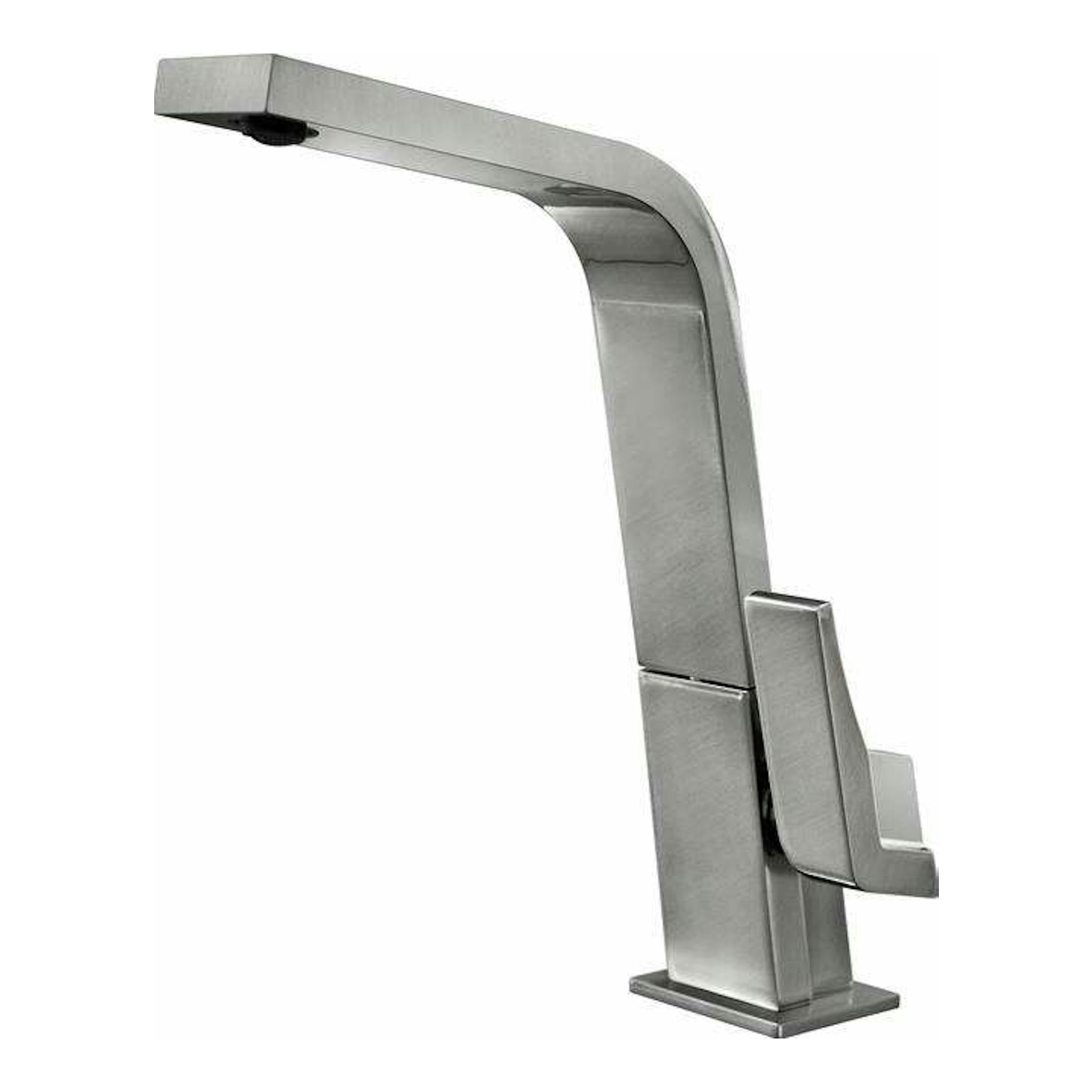 Grifo Teka IC915 inox, vista lateral, acabado metálico plateado y diseño angular de caño alto.