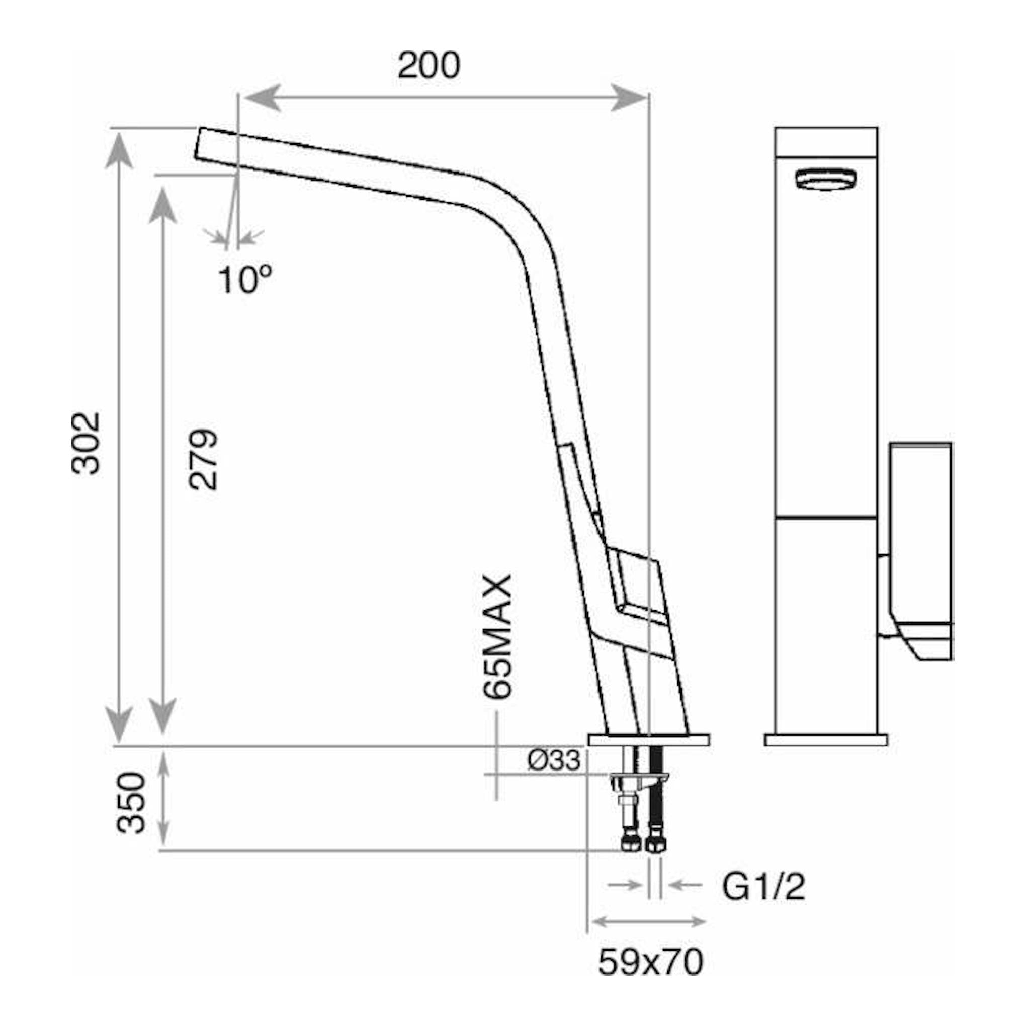 Grifo Teka IC915 Inox, dibujo técnico en vista lateral y frontal con medidas y conexiones.