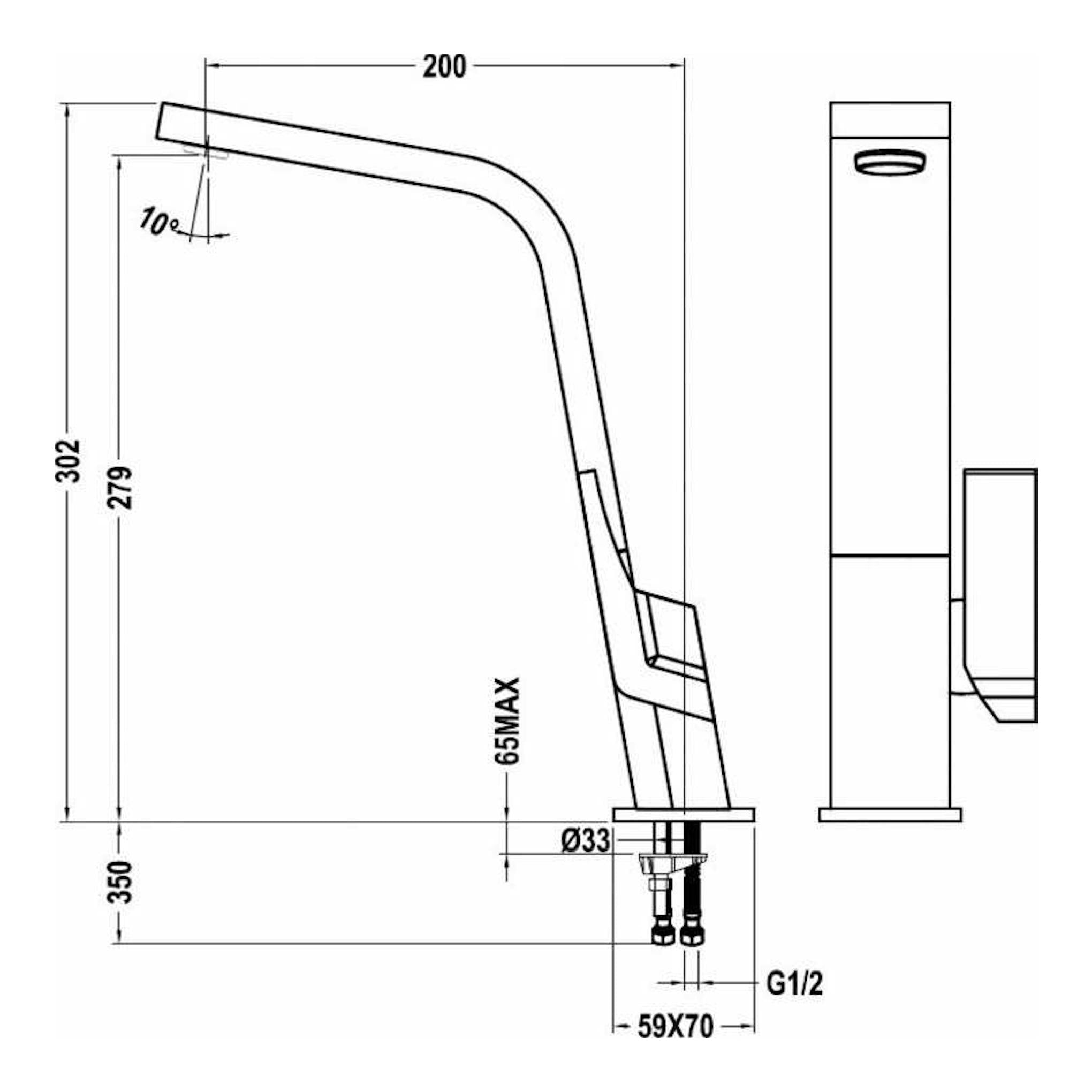 Grifo Teka IC915 negro, dibujo técnico en vista lateral y frontal con medidas.