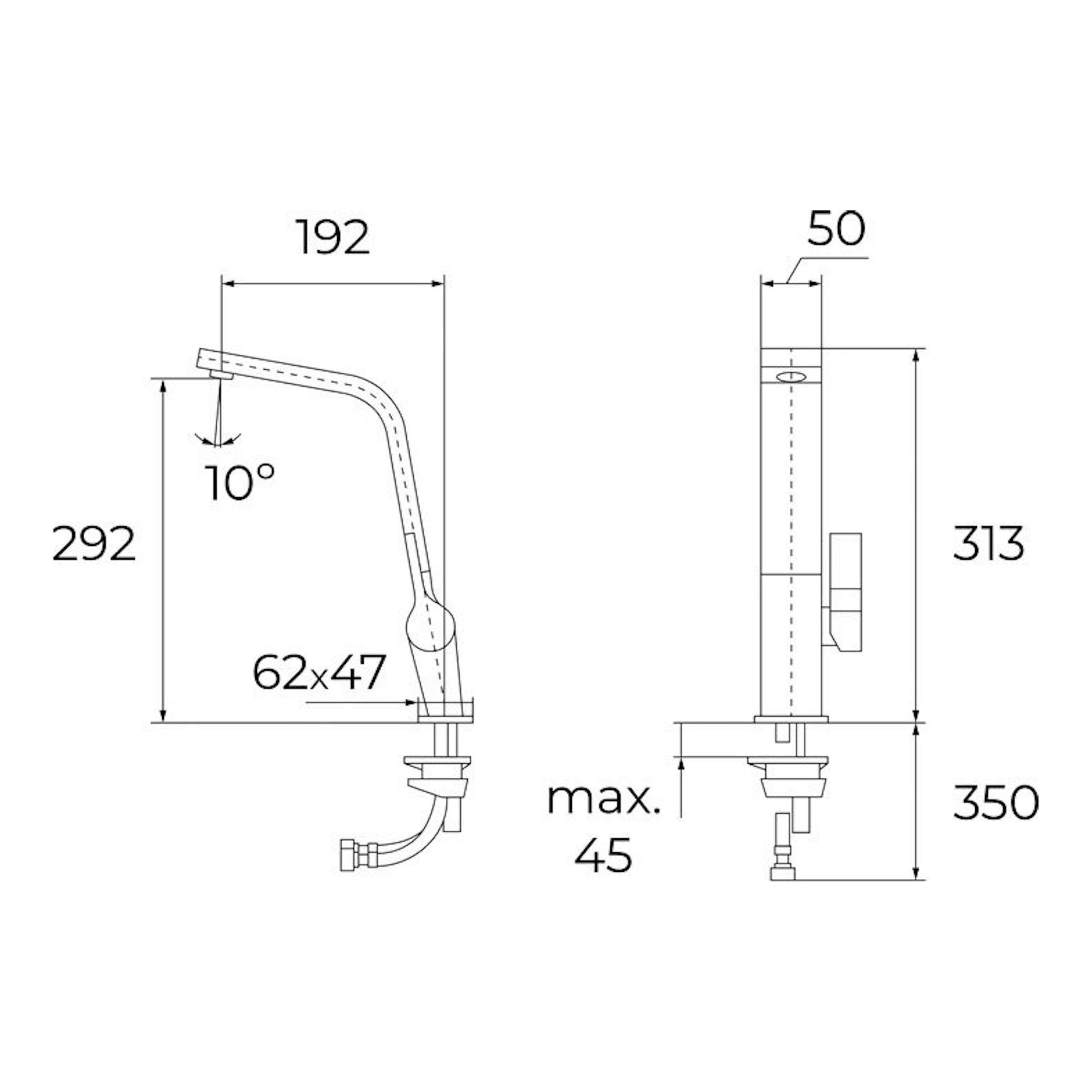 Grifo Teka ICC915 cobre, dibujo técnico con vistas lateral y frontal y medidas.