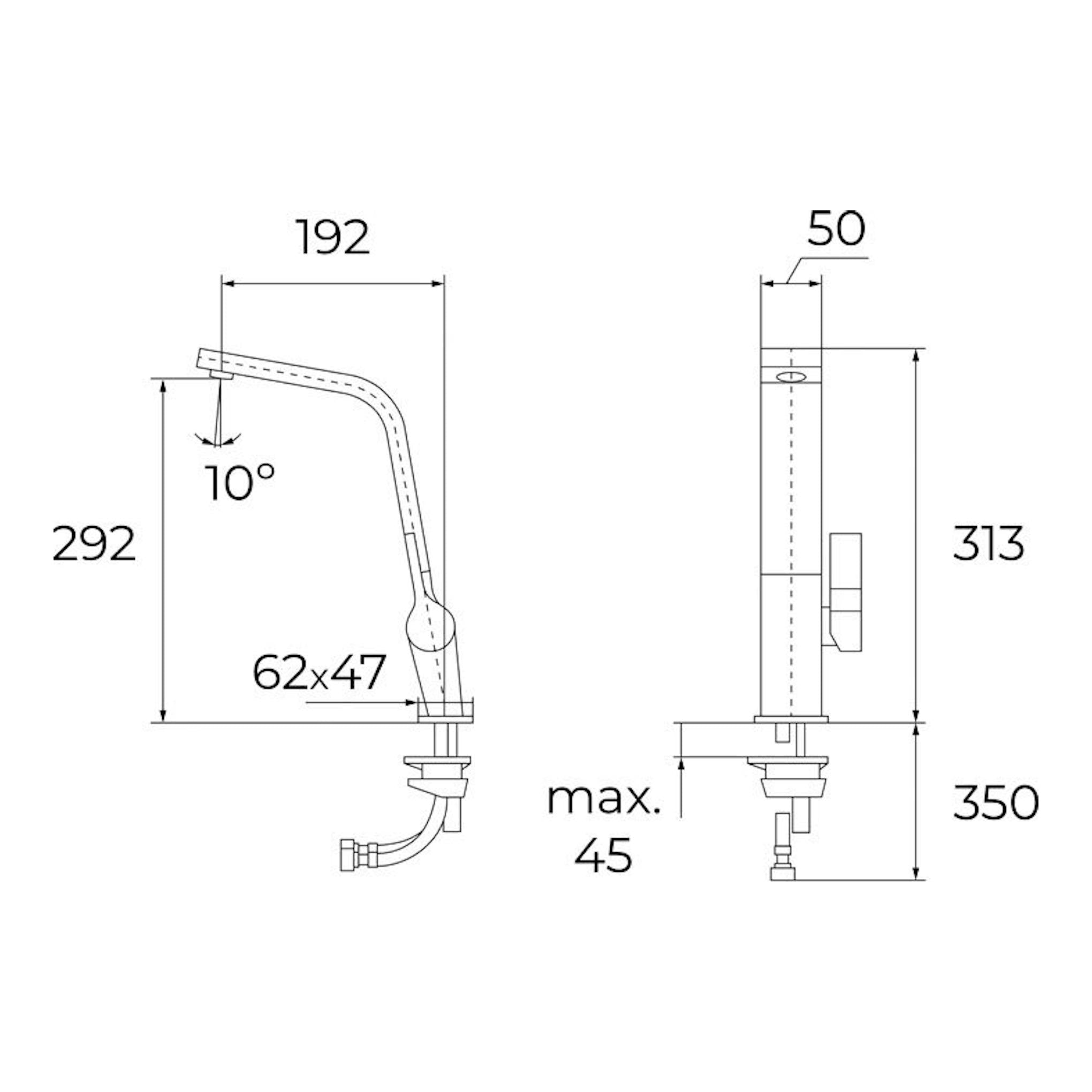 Grifo Teka ICC915 cobre, dibujo técnico con vistas lateral y frontal y medidas.