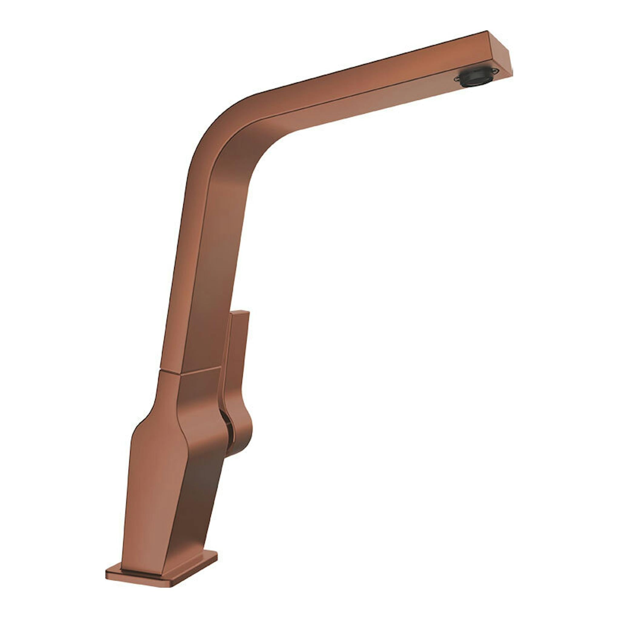 Grifo Teka ICC915 color cobre, vista lateral, diseño alto y angular.