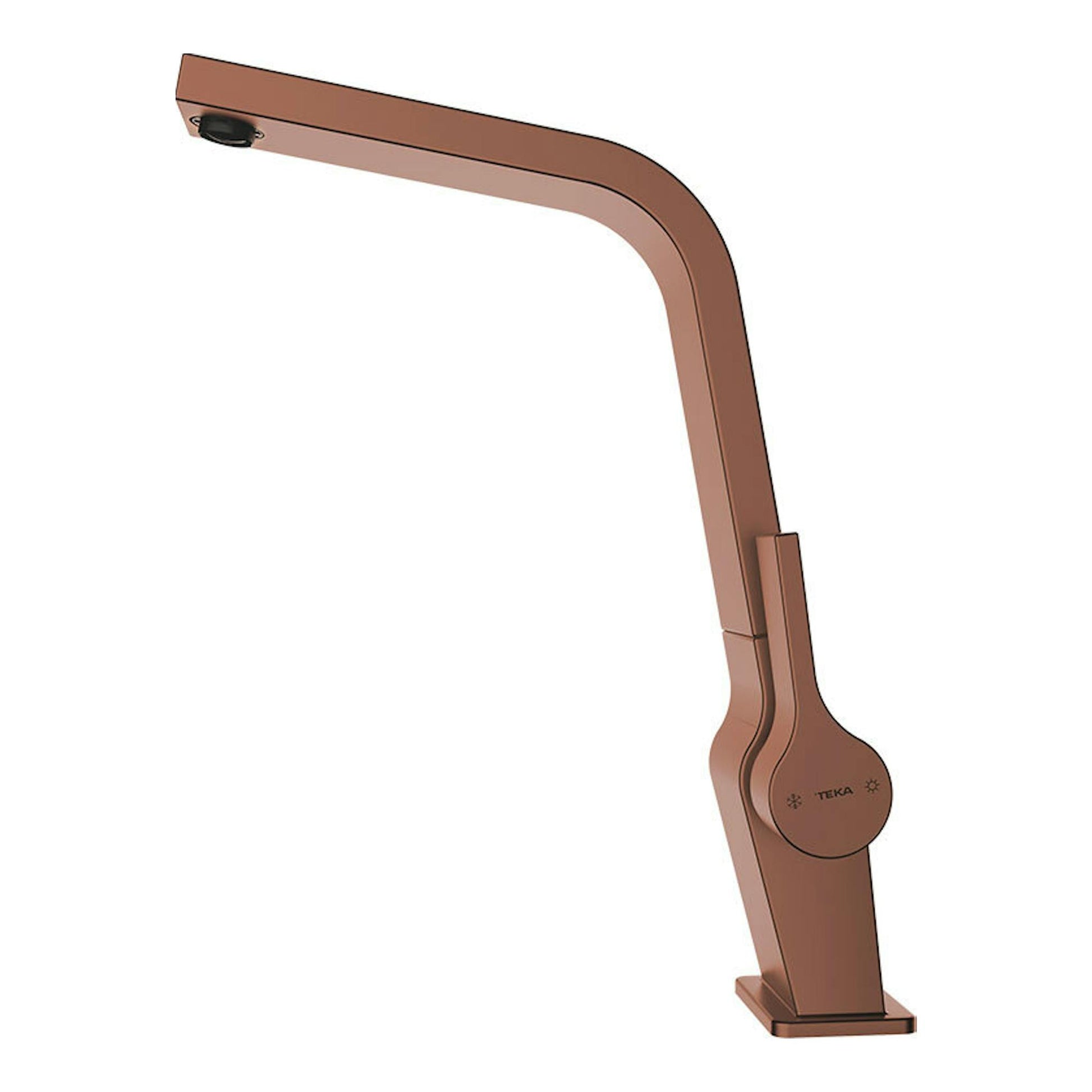 Grifo Teka ICC915 color cobre, vista lateral, con caño alto angular y mando monomando.