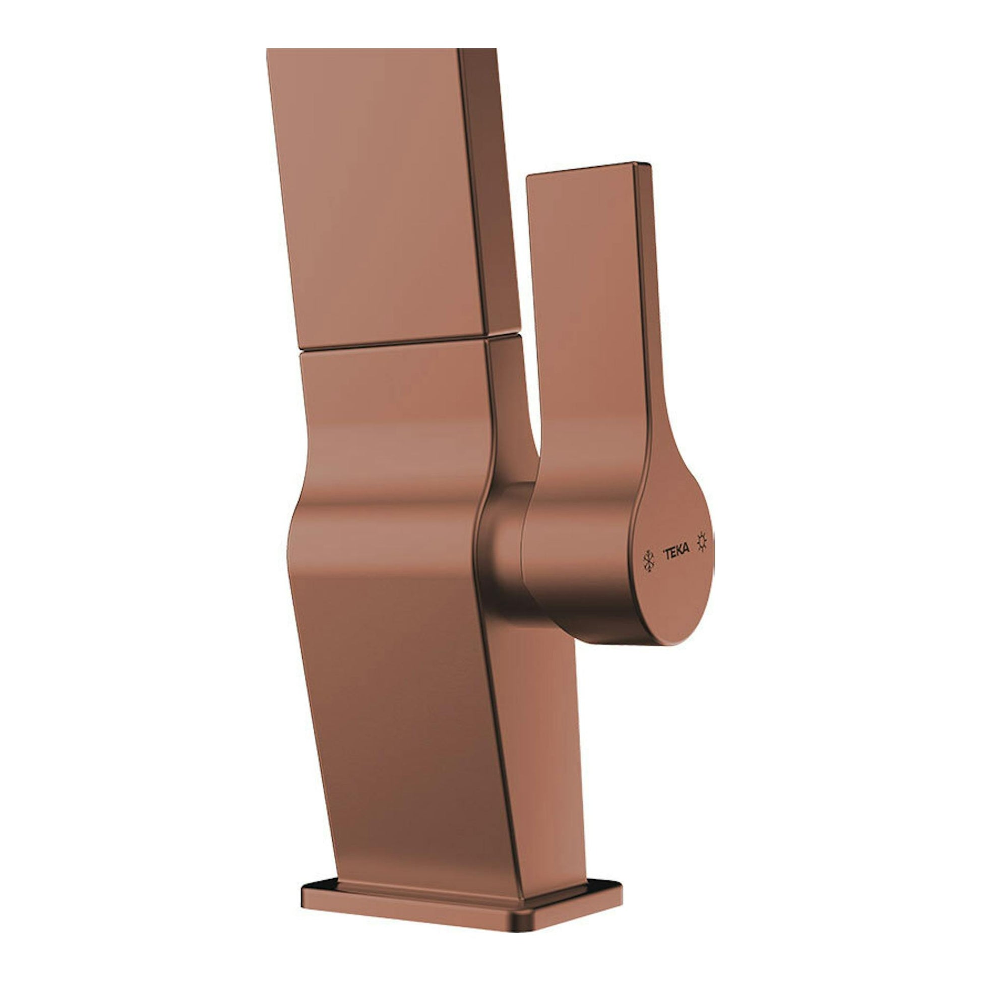Grifo Teka ICC915 color cobre, vista frontal en primer plano, con maneta lateral.