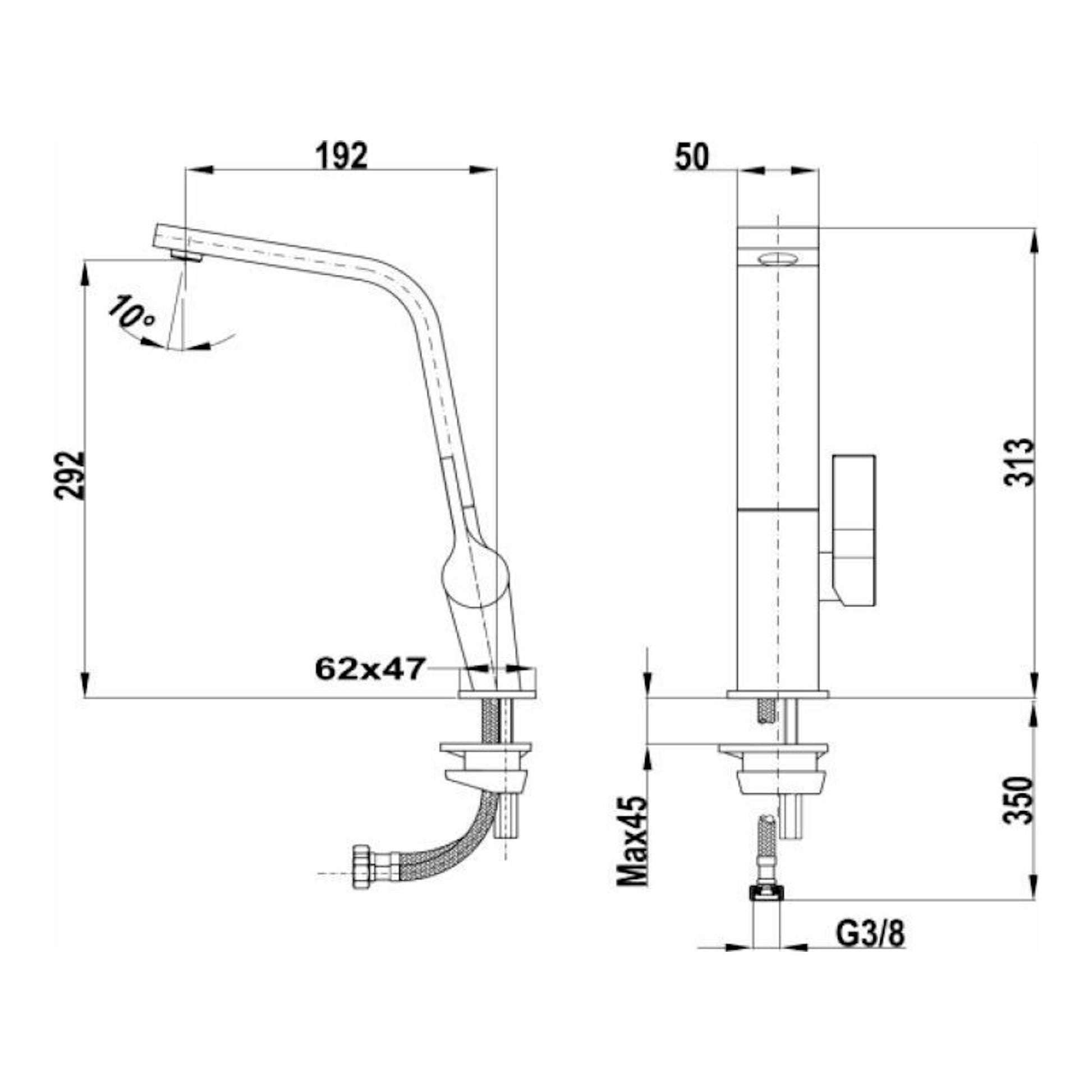 Grifo Teka ICC915 Titanium, dibujo técnico en vistas lateral y frontal, acabado gris.